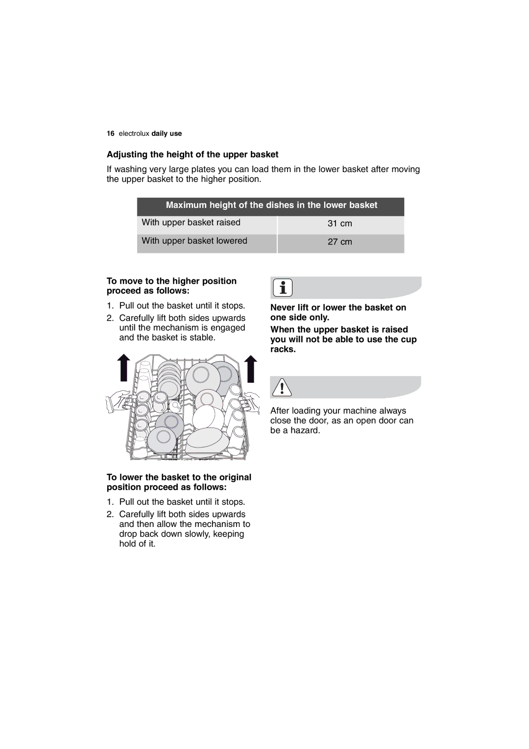 Electrolux DX303 user manual Adjusting the height of the upper basket, Maximum height of the dishes in the lower basket 