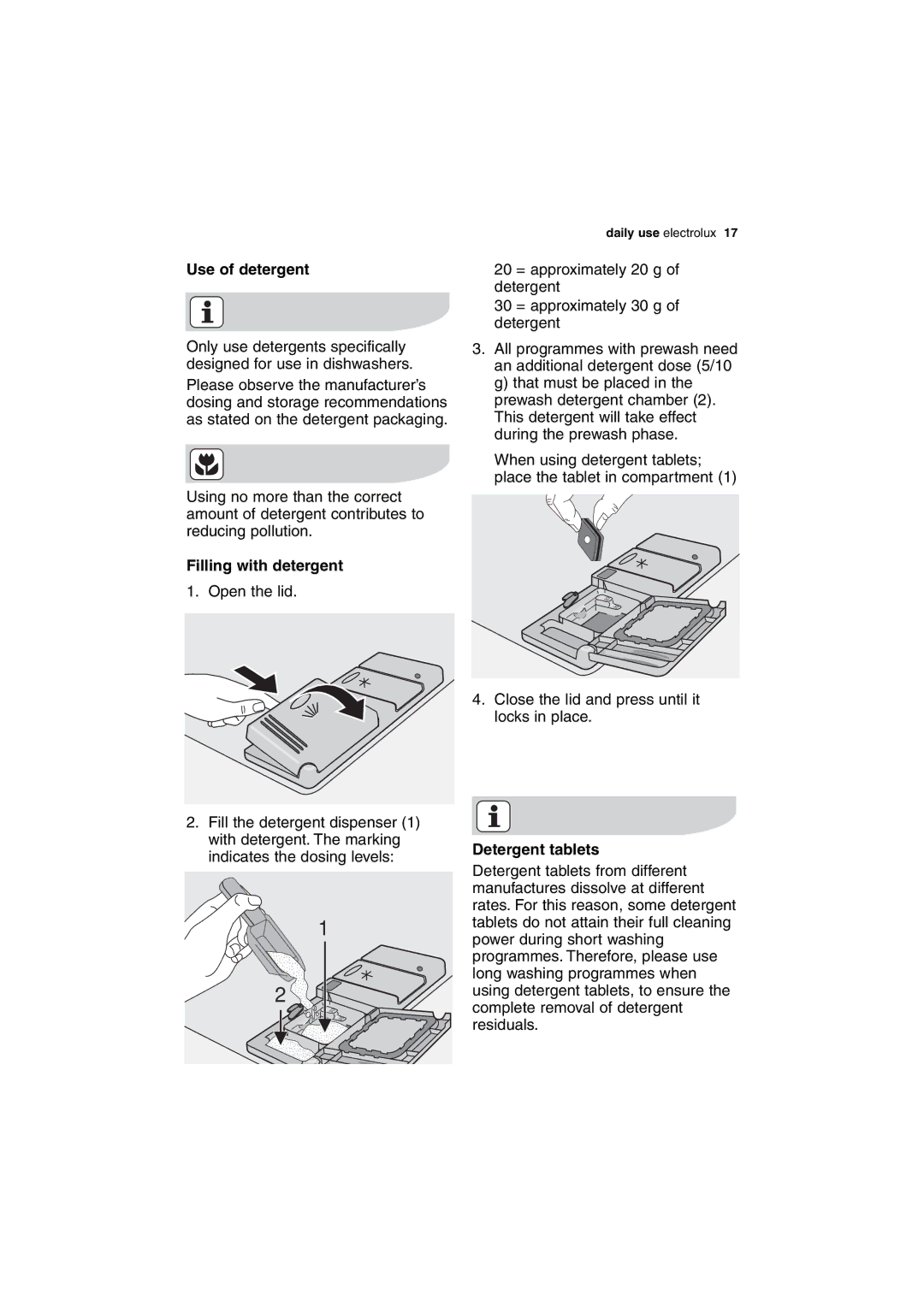 Electrolux DX303 user manual Use of detergent, Filling with detergent, Detergent tablets 