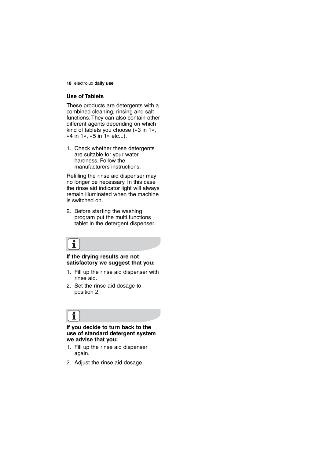 Electrolux DX303 user manual Use of Tablets 