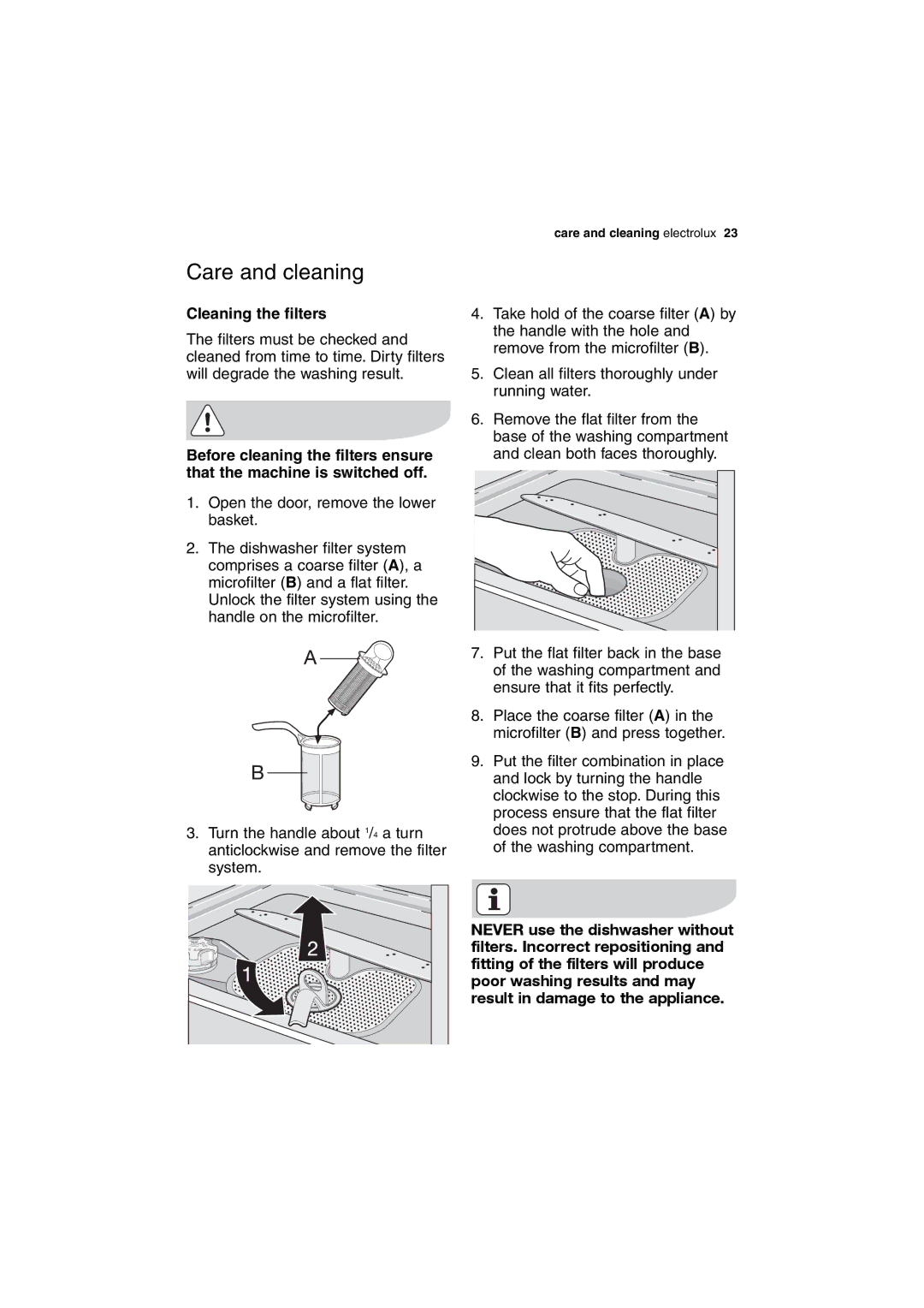 Electrolux DX303 user manual Care and cleaning, Cleaning the filters 