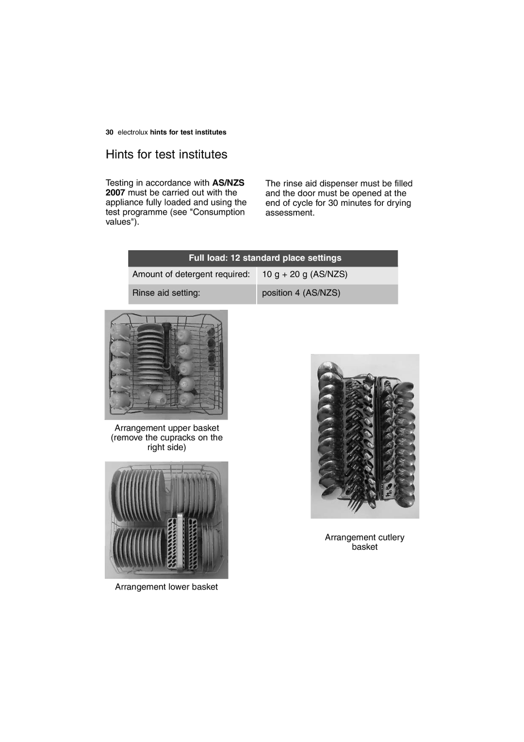 Electrolux DX303 user manual Hints for test institutes, Full load 12 standard place settings 