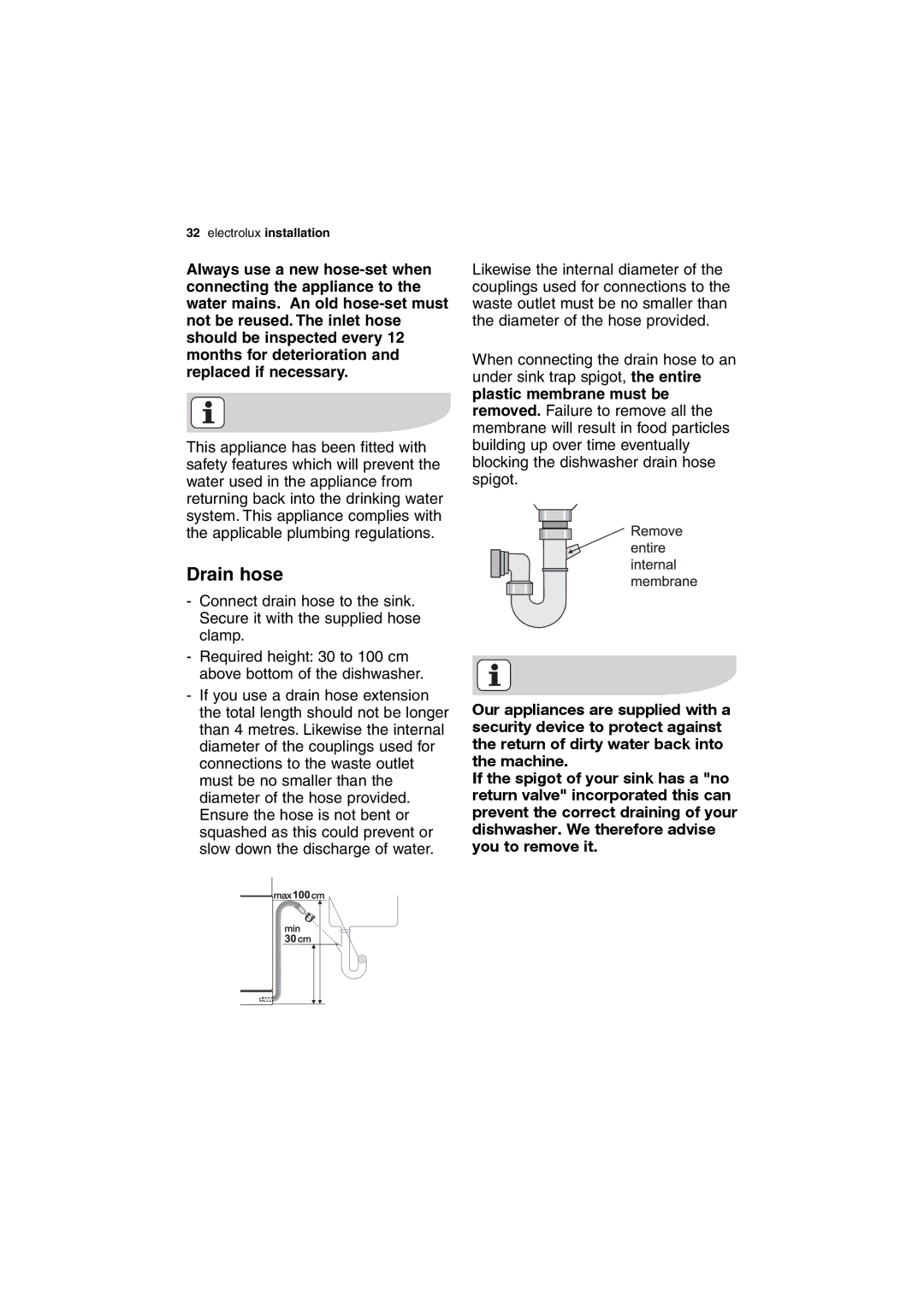 Electrolux DX303 user manual Drain hose 