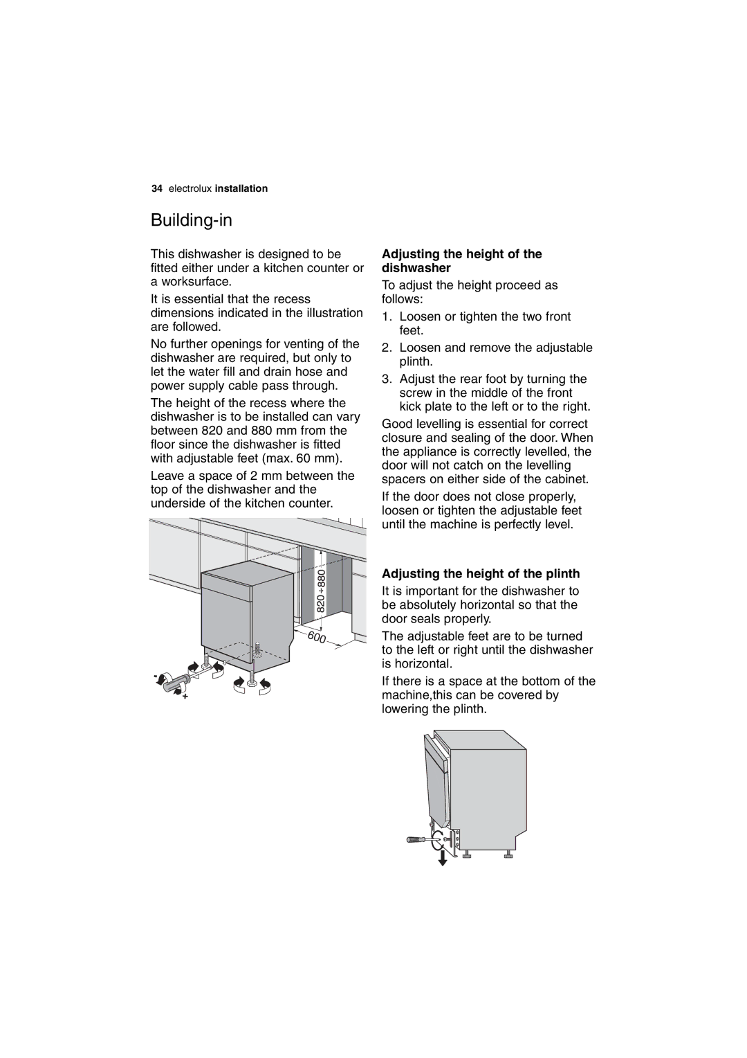 Electrolux DX303 user manual Building-in, Adjusting the height of the dishwasher, Adjusting the height of the plinth 