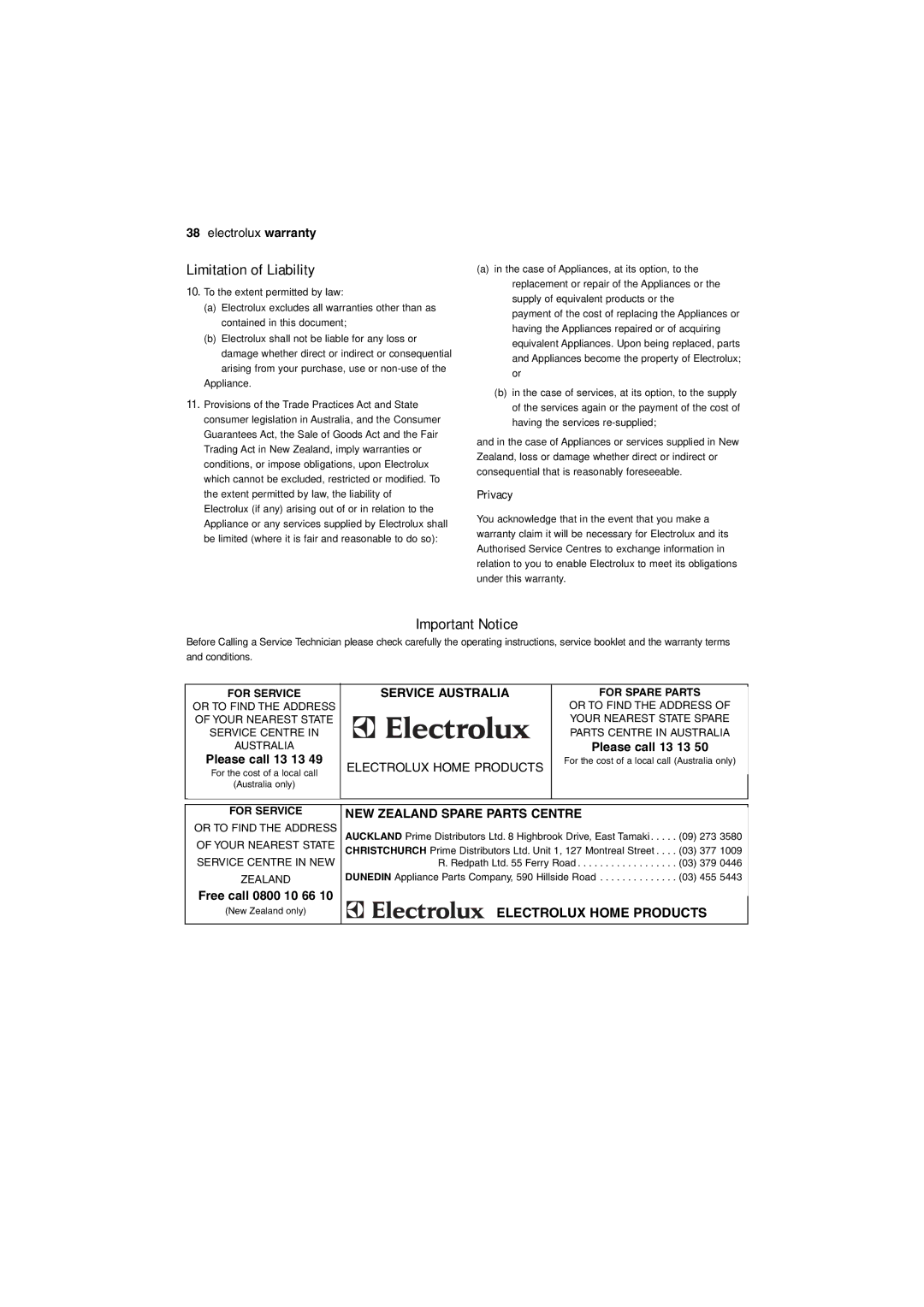 Electrolux DX303 user manual Limitation of Liability 