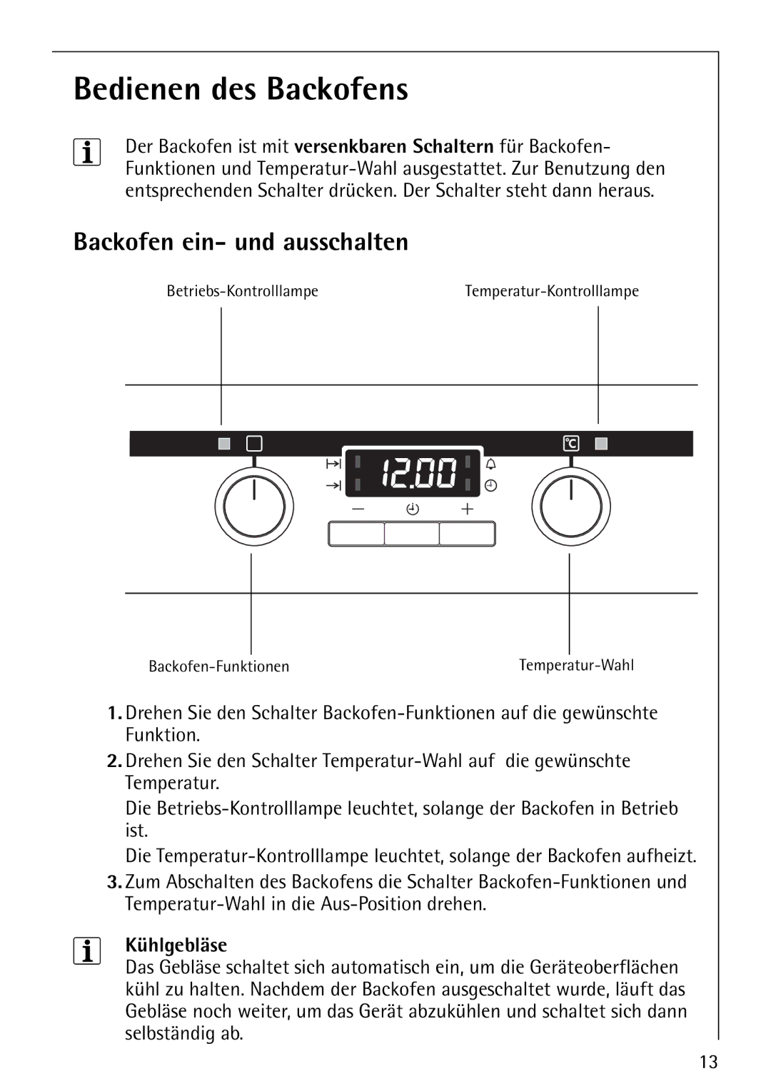 Electrolux E-33512-4 manual Bedienen des Backofens, Backofen ein- und ausschalten, Kühlgebläse 