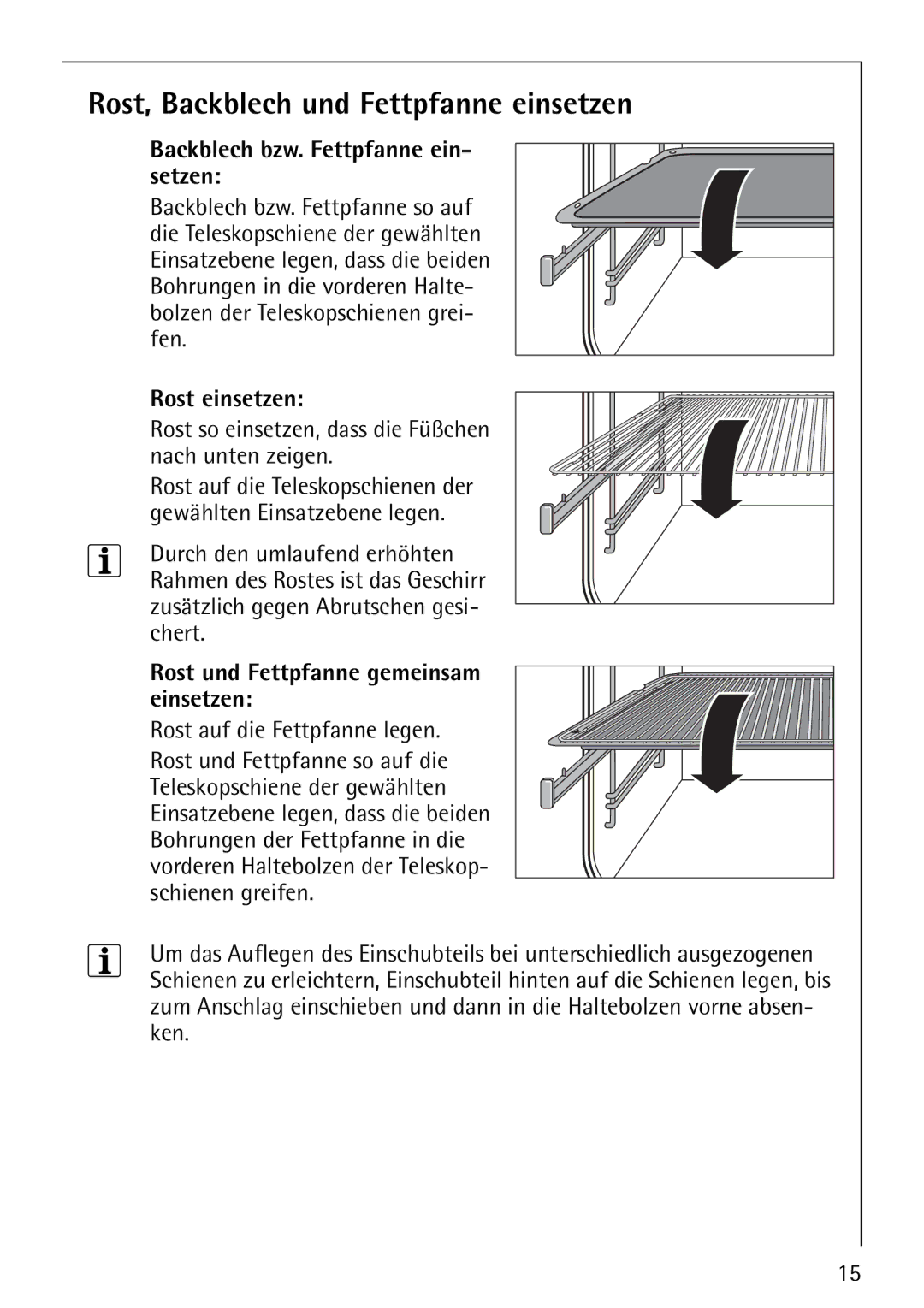 Electrolux E-33512-4 manual Rost, Backblech und Fettpfanne einsetzen, Backblech bzw. Fettpfanne ein- setzen, Rost einsetzen 