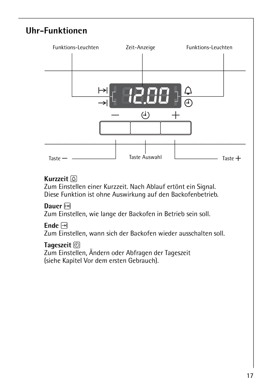 Electrolux E-33512-4 manual Uhr-Funktionen, Kurzzeit, Dauer, Ende, Tageszeit 