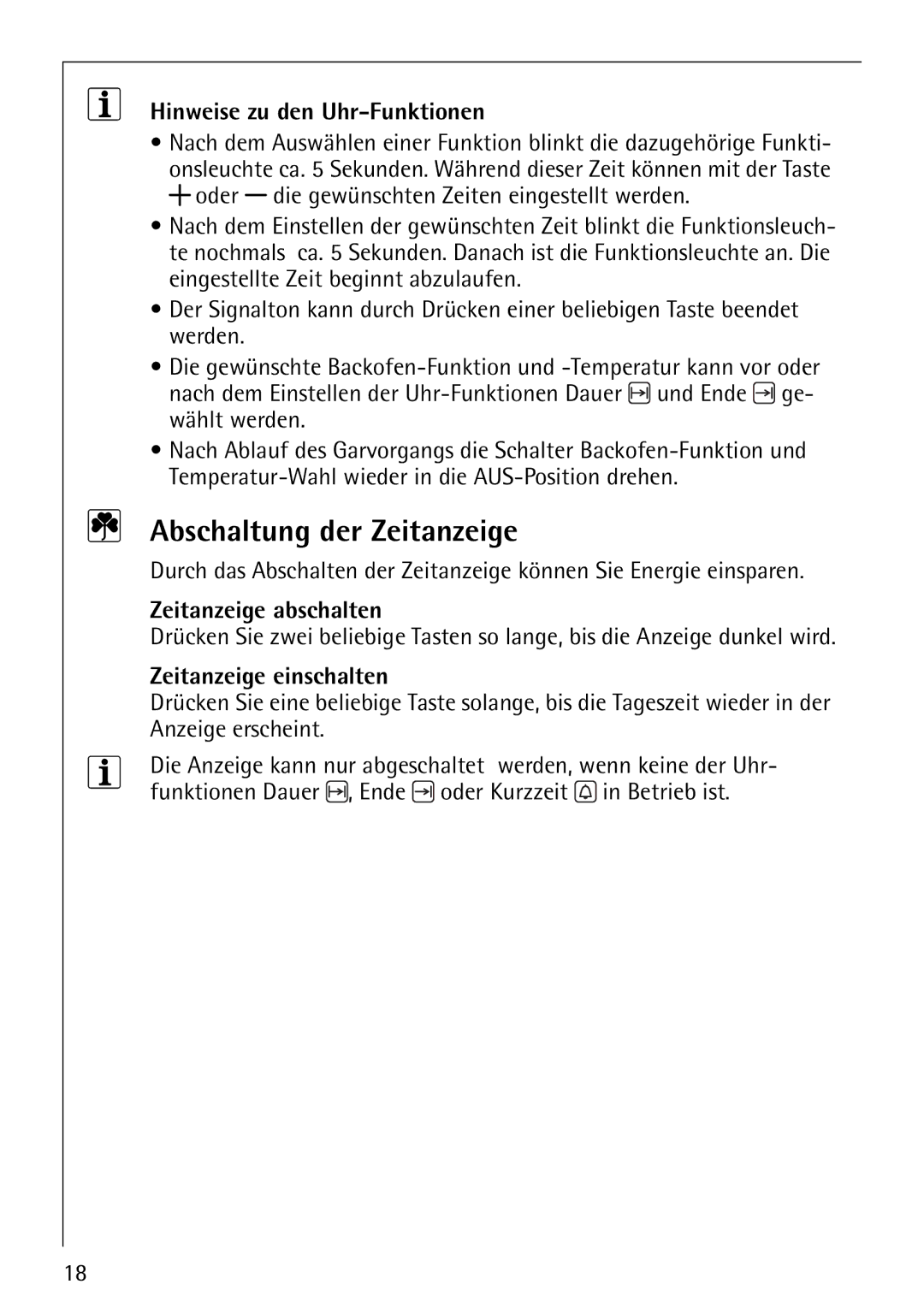 Electrolux E-33512-4 manual Abschaltung der Zeitanzeige, Hinweise zu den Uhr-Funktionen, Zeitanzeige abschalten 