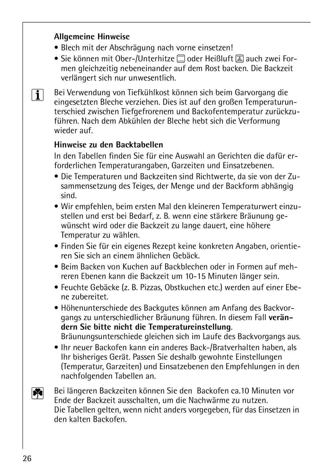 Electrolux E-33512-4 manual Allgemeine Hinweise, Hinweise zu den Backtabellen 