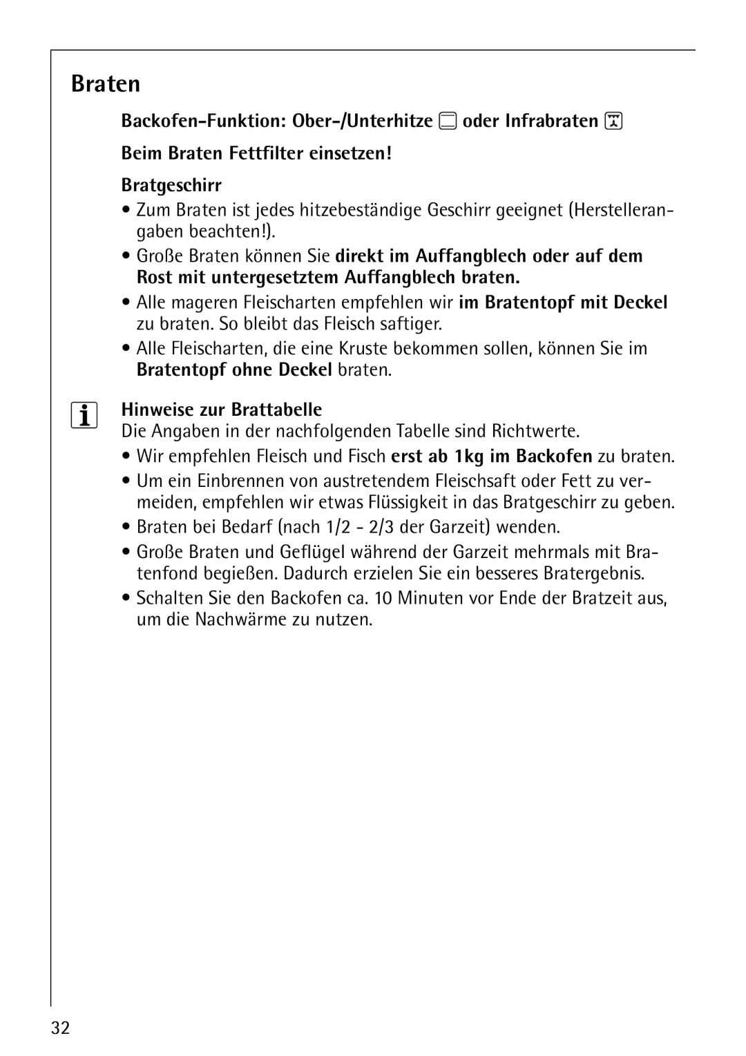 Electrolux E-33512-4 manual Hinweise zur Brattabelle, Braten bei Bedarf nach 1/2 2/3 der Garzeit wenden 