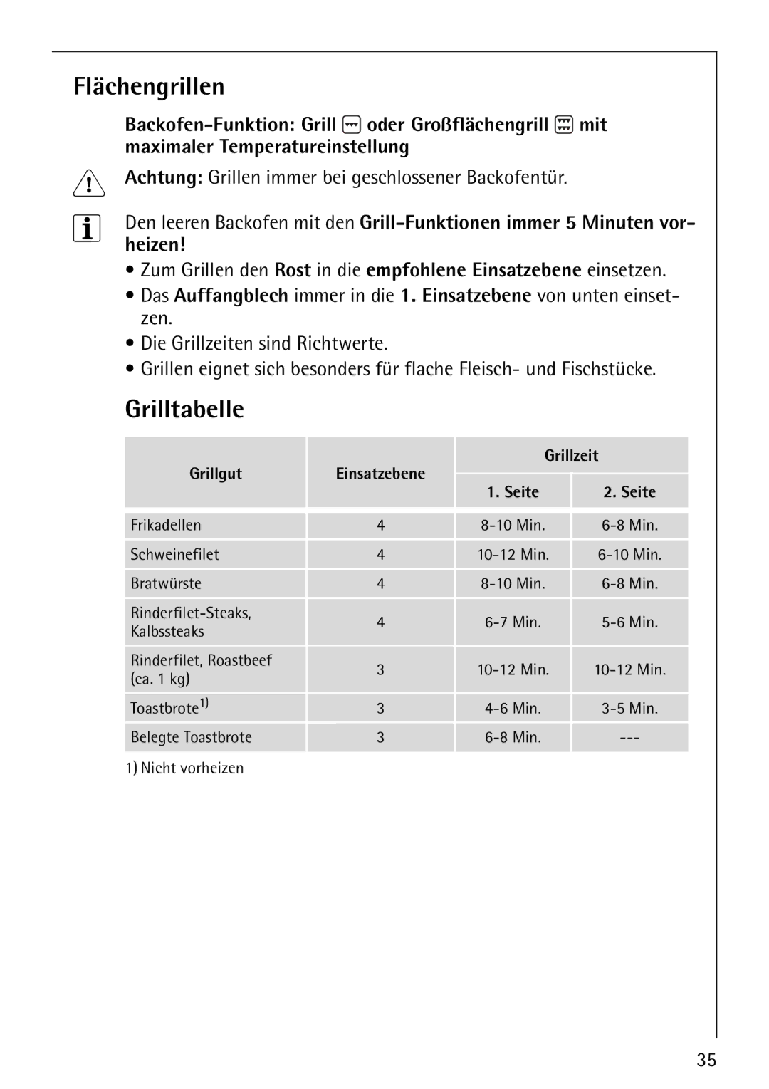 Electrolux E-33512-4 manual Flächengrillen, Grilltabelle, Achtung Grillen immer bei geschlossener Backofentür 