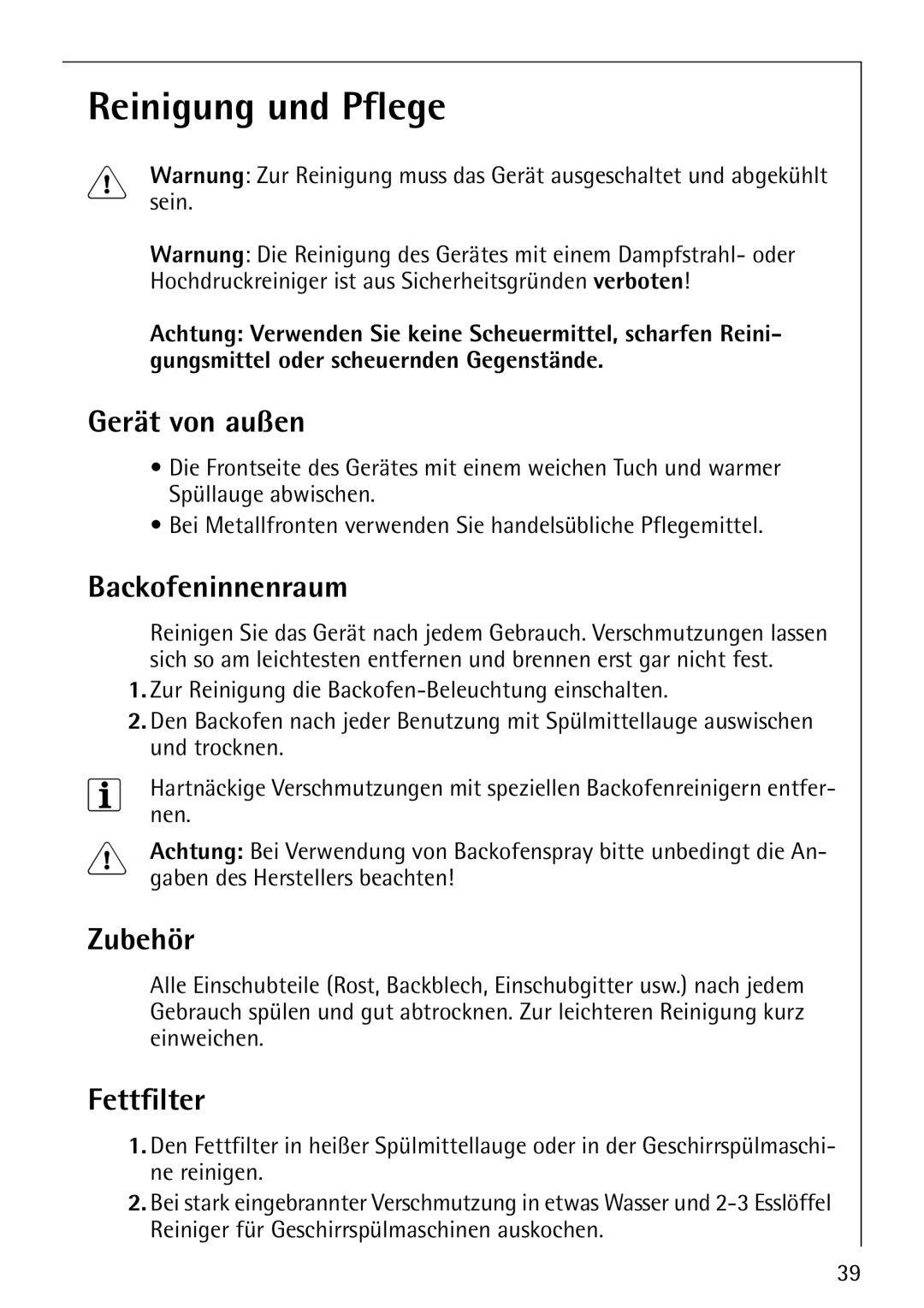 Electrolux E-33512-4 manual Reinigung und Pflege, Gerät von außen, Backofeninnenraum, Zubehör, Fettfilter 