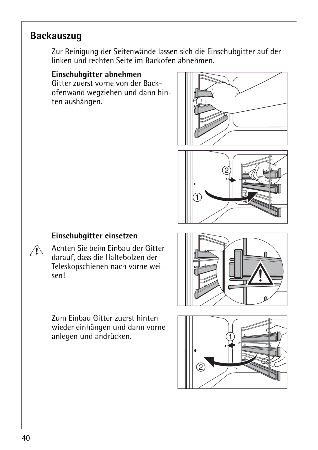 Electrolux E-33512-4 manual Backauszug, Einschubgitter einsetzen 