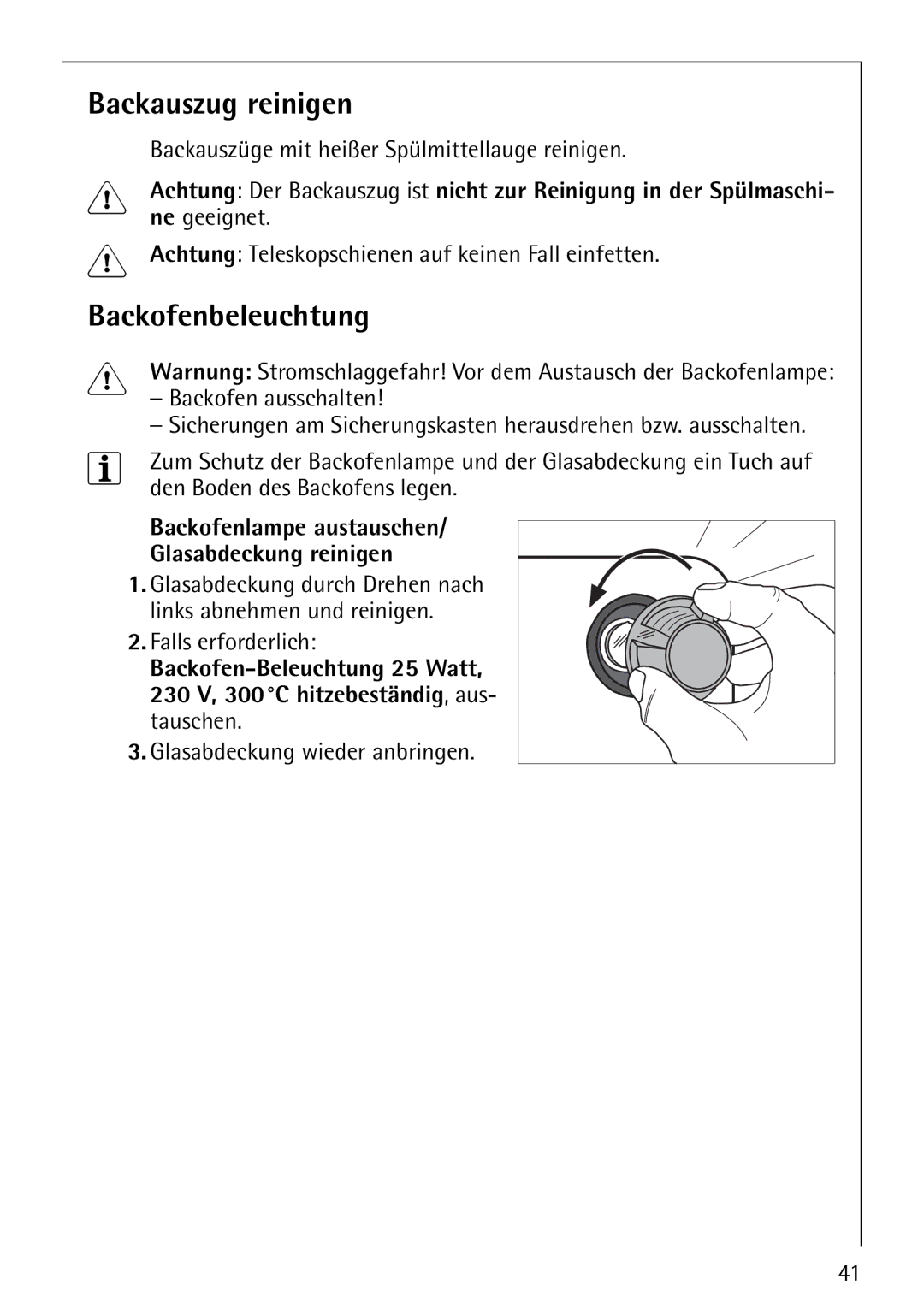 Electrolux E-33512-4 manual Backauszug reinigen, Backofenbeleuchtung, Backofenlampe austauschen Glasabdeckung reinigen 