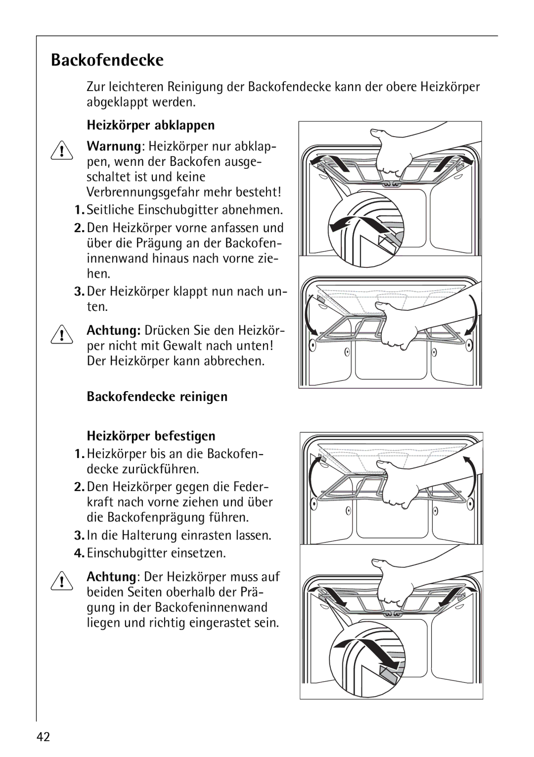 Electrolux E-33512-4 manual Heizkörper abklappen, Backofendecke reinigen Heizkörper befestigen 