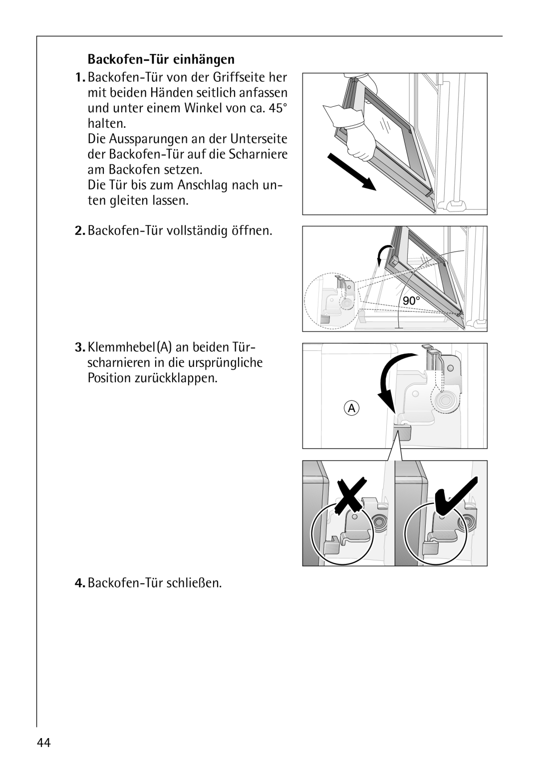 Electrolux E-33512-4 manual Backofen-Tür einhängen, Backofen-Tür schließen 