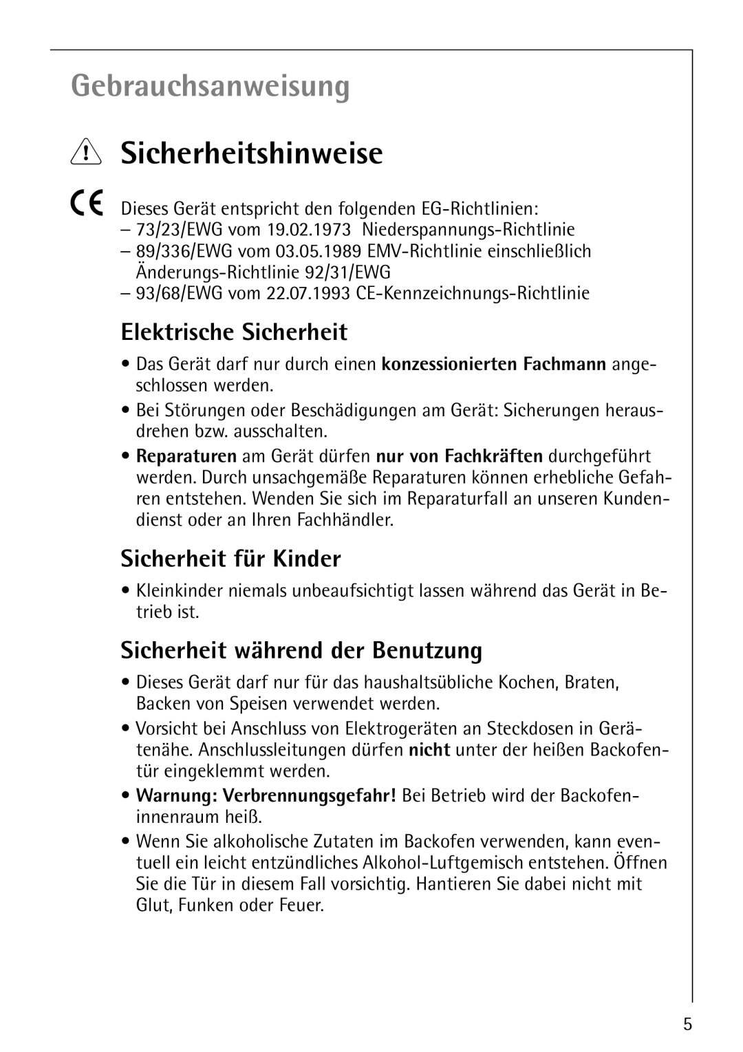 Electrolux E-33512-4 Sicherheitshinweise, Elektrische Sicherheit, Sicherheit für Kinder, Sicherheit während der Benutzung 