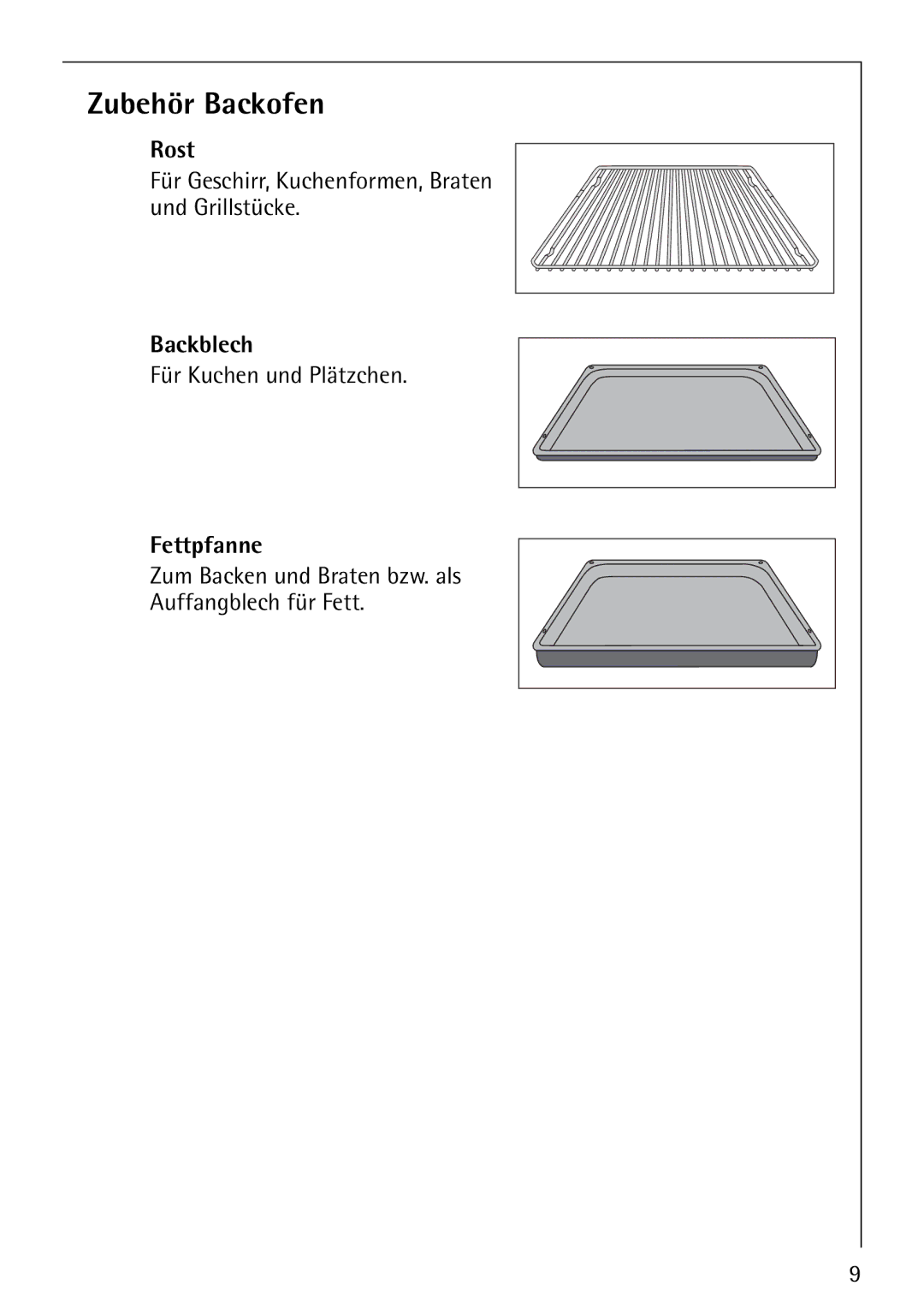 Electrolux E-33512-4 manual Zubehör Backofen, Rost, Backblech, Fettpfanne 