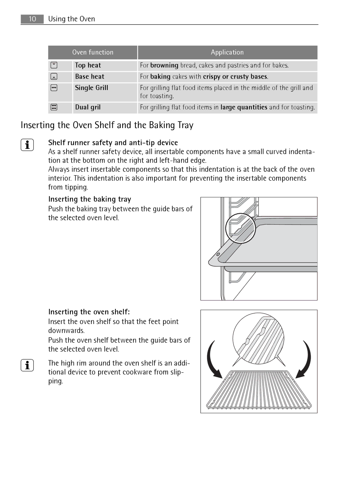 Electrolux E1101-5 Inserting the Oven Shelf and the Baking Tray, Using the Oven, Shelf runner safety and anti-tip device 