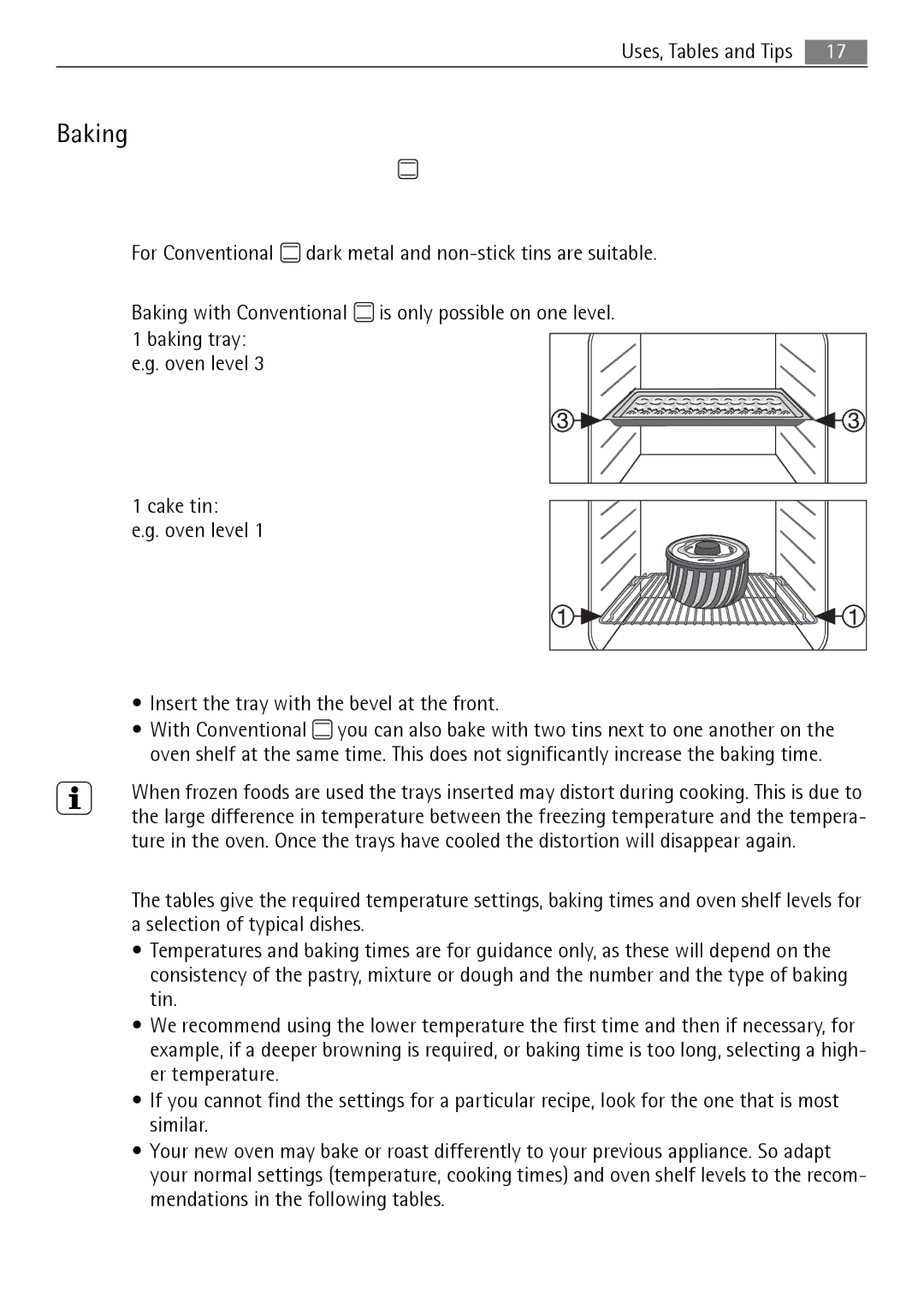 Electrolux E1101-5 user manual Oven function Conventional Baking tins, Oven levels, General Instructions 