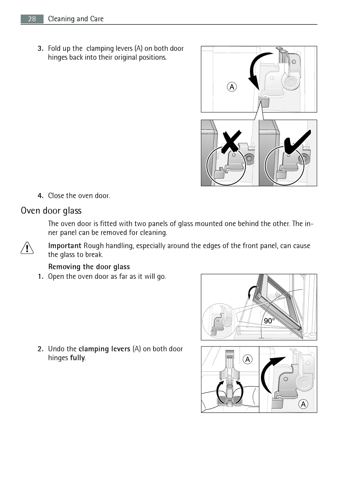 Electrolux E1101-5 user manual Oven door glass, Close the oven door, Removing the door glass 