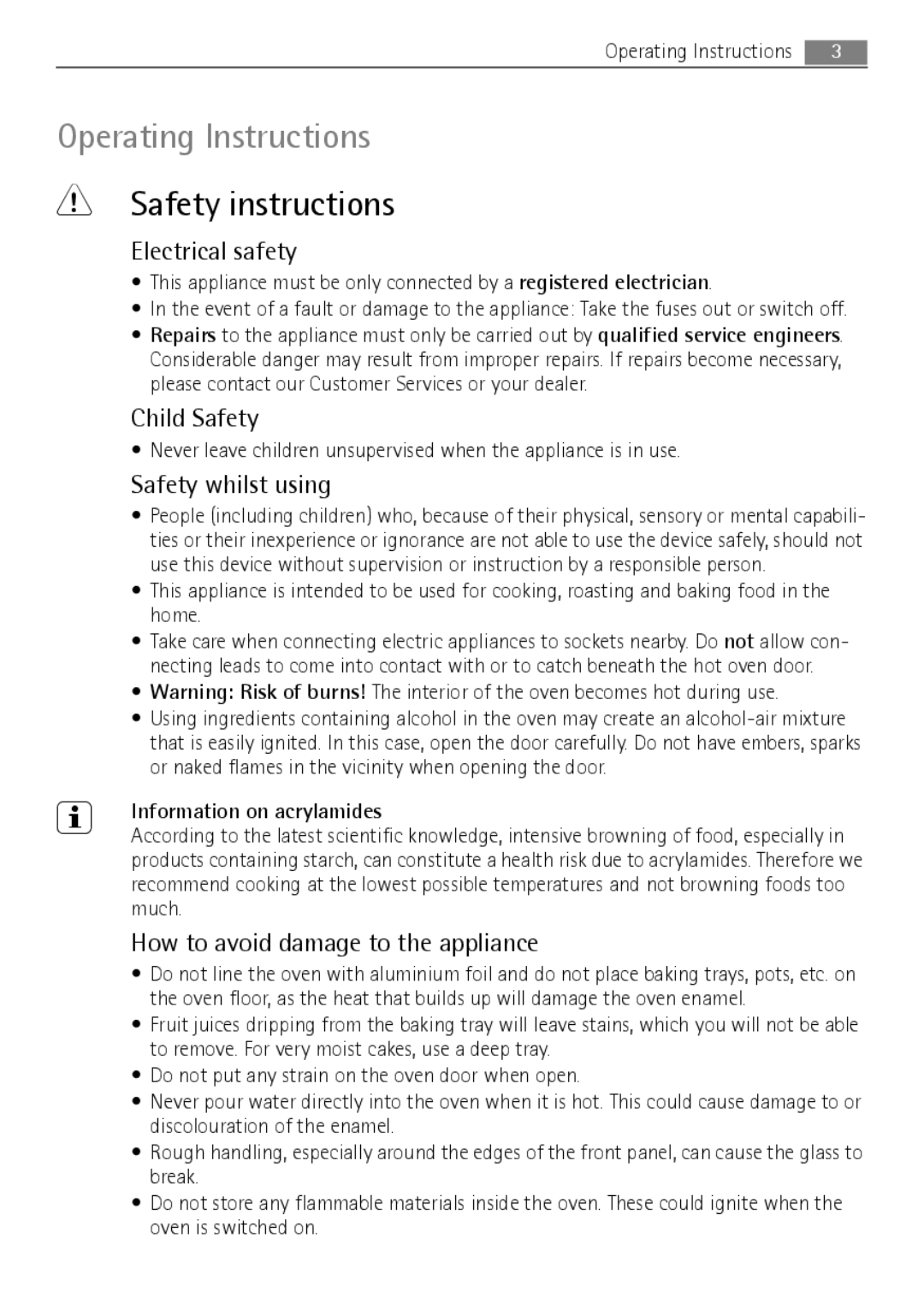 Electrolux E1101-5 user manual Safety instructions, Electrical safety, Child Safety, Safety whilst using 