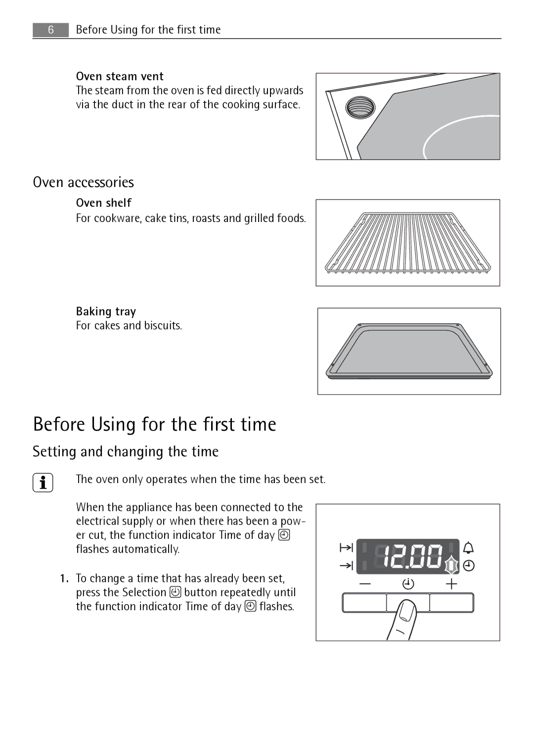 Electrolux E1101-5 user manual Before Using for the first time, Oven accessories, Setting and changing the time 