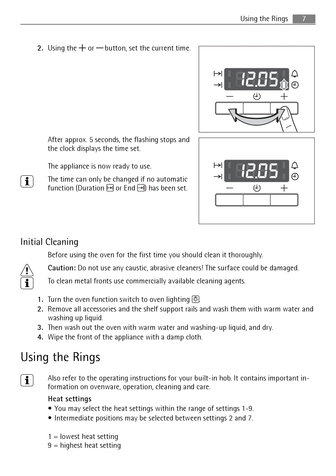 Electrolux E1101-5 user manual Using the Rings, Initial Cleaning, Using the or button, set the current time, Heat settings 