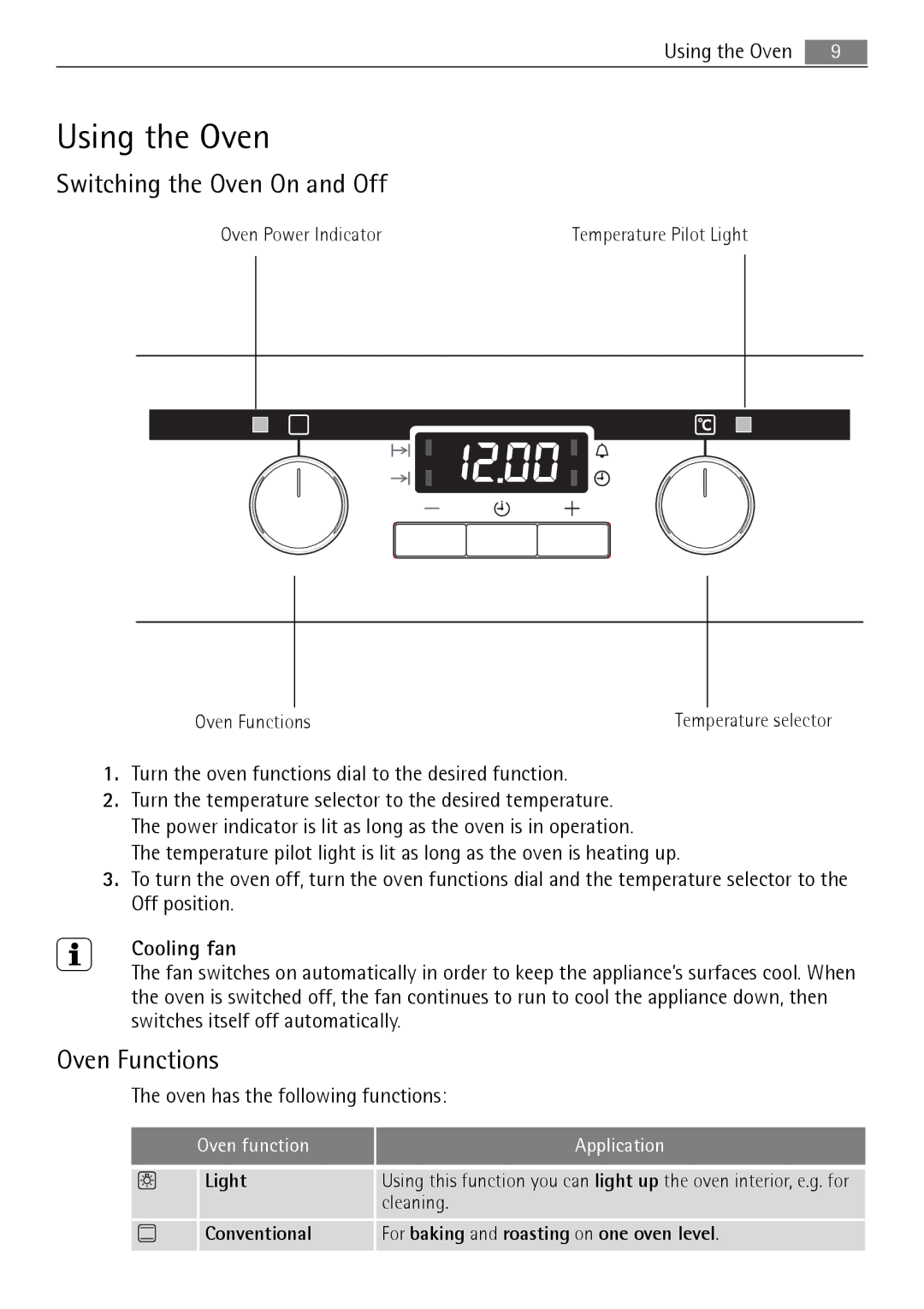 Electrolux E1101-5 user manual Using the Oven, Switching the Oven On and Off, Oven Functions, Cooling fan 