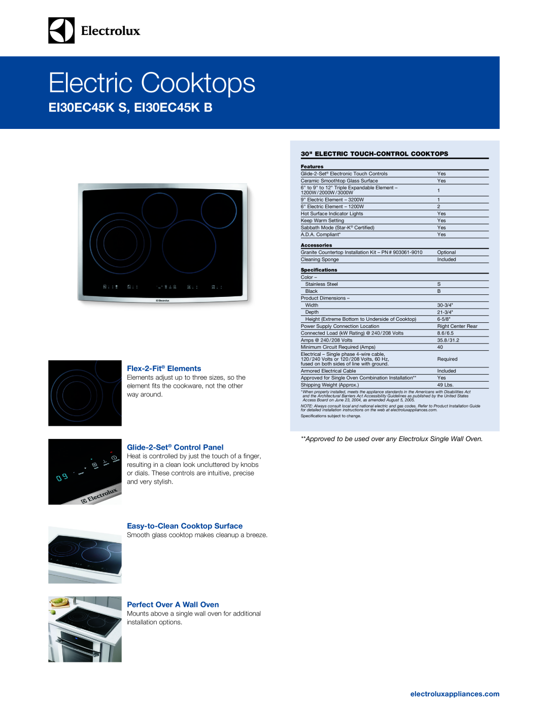 Electrolux E130EC45K S specifications Flex-2-Fit Elements, Glide-2-Set Control Panel, Easy-to-Clean Cooktop Surface 