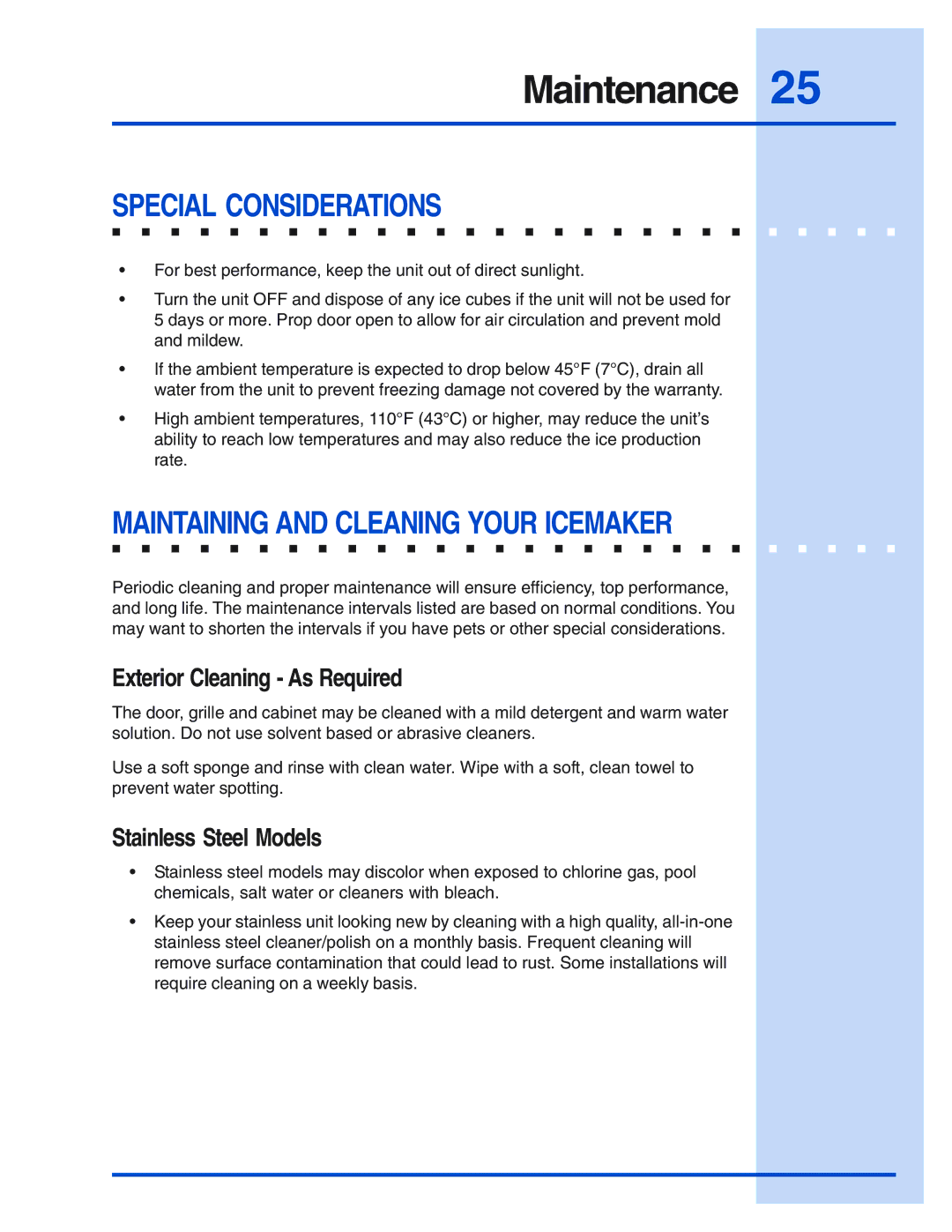 Electrolux E15IM60E Maintenance, Special Considerations, Maintaining and Cleaning Your Icemaker, Stainless Steel Models 