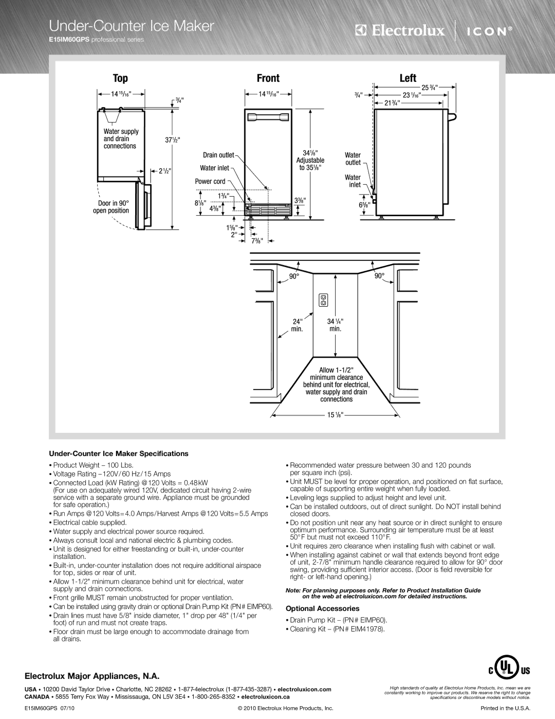 Electrolux E15IM60GPS specifications Under-Counter Ice Maker Specifications, Optional Accessories 