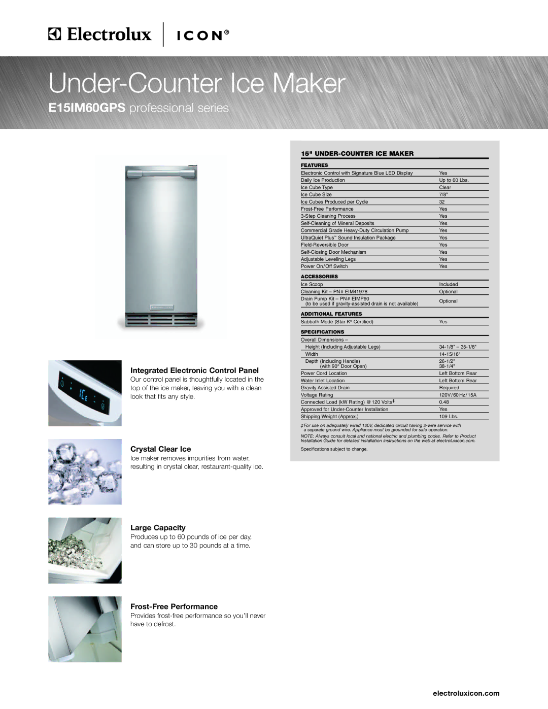 Electrolux E15IM60GPS specifications Integrated Electronic Control Panel, Crystal Clear Ice, Large Capacity 