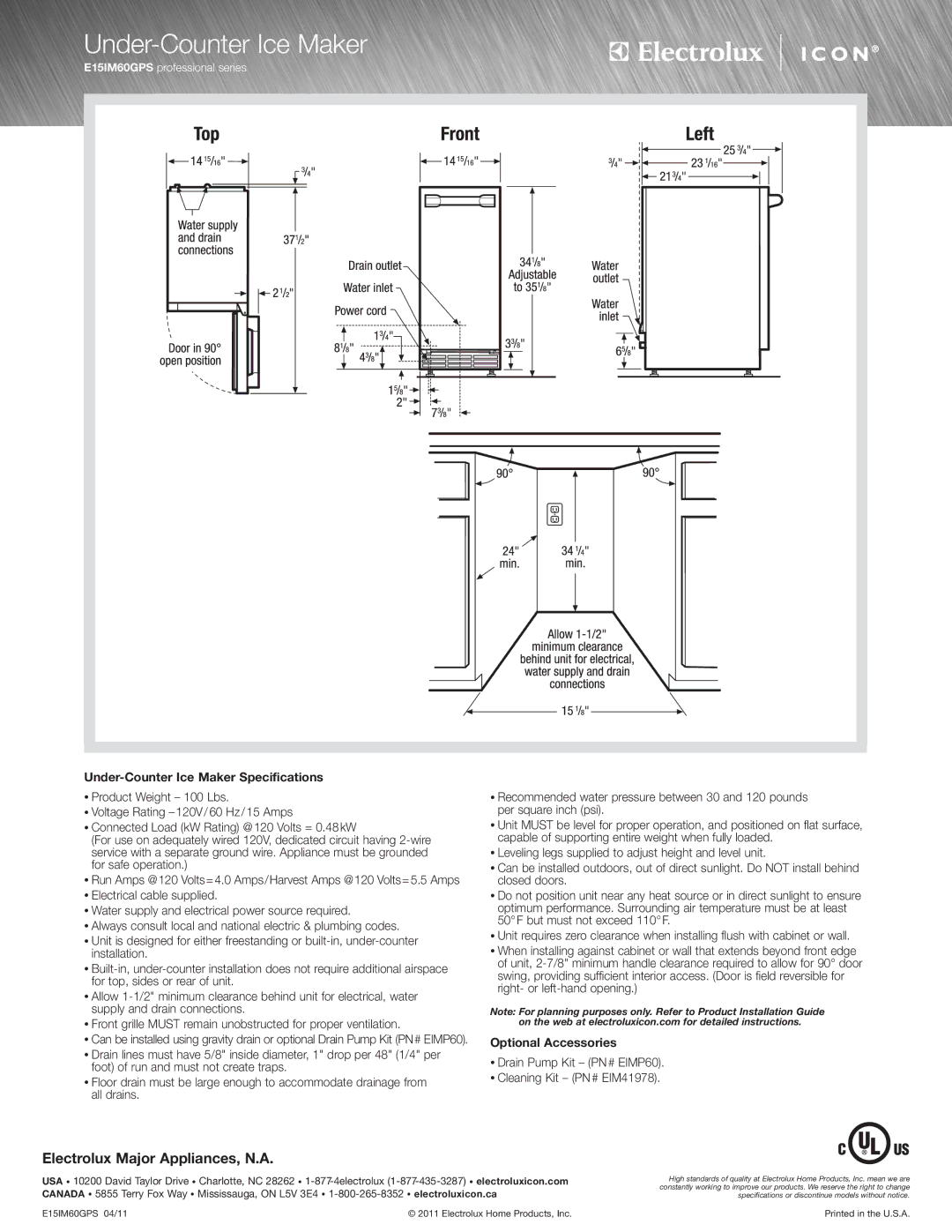 Electrolux E15IM60GPS specifications Under-Counter Ice Maker Specifications, Optional Accessories 