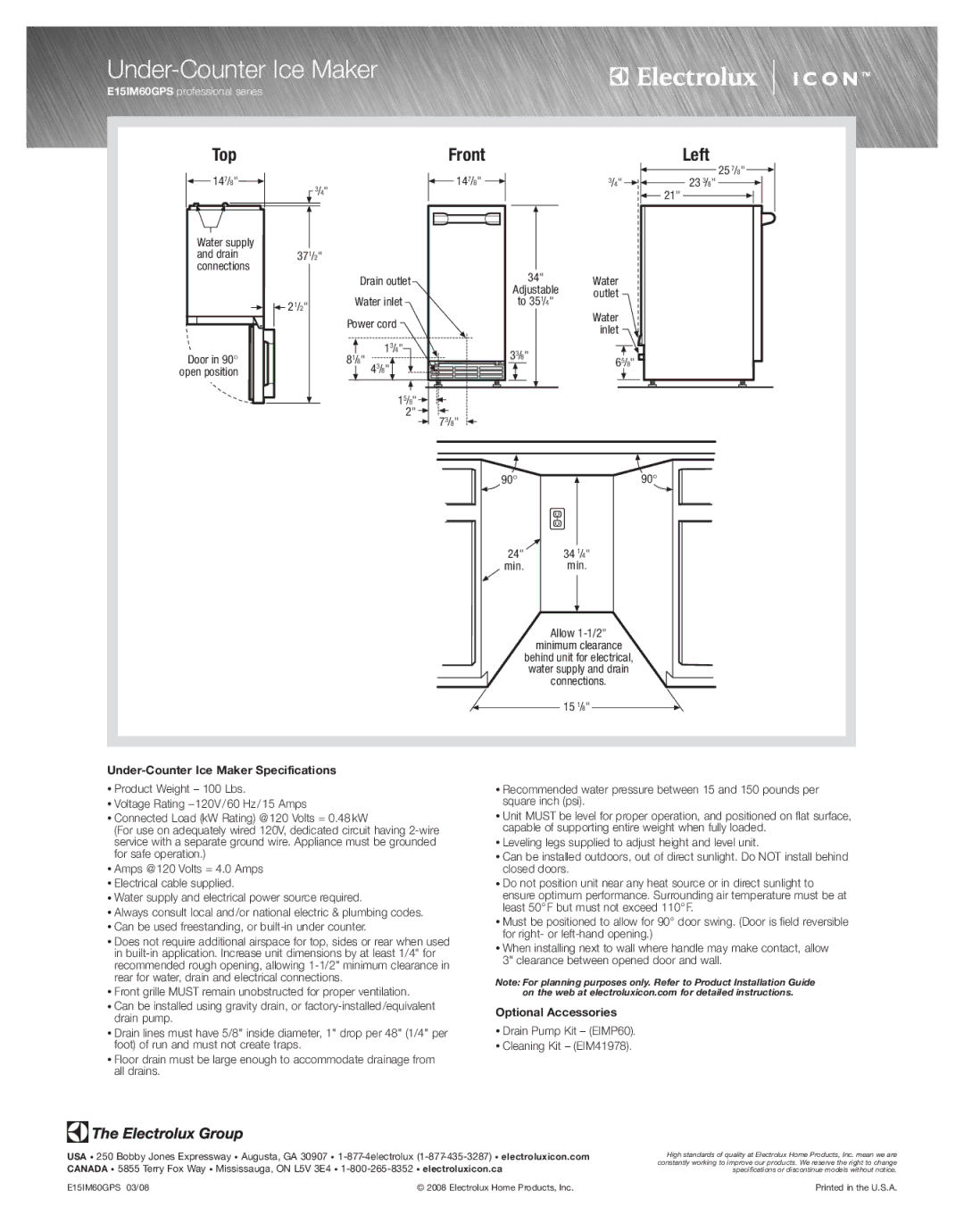 Electrolux E15IM60GPS specifications Front, Left, Under-Counter Ice Maker Specifications, Optional Accessories 