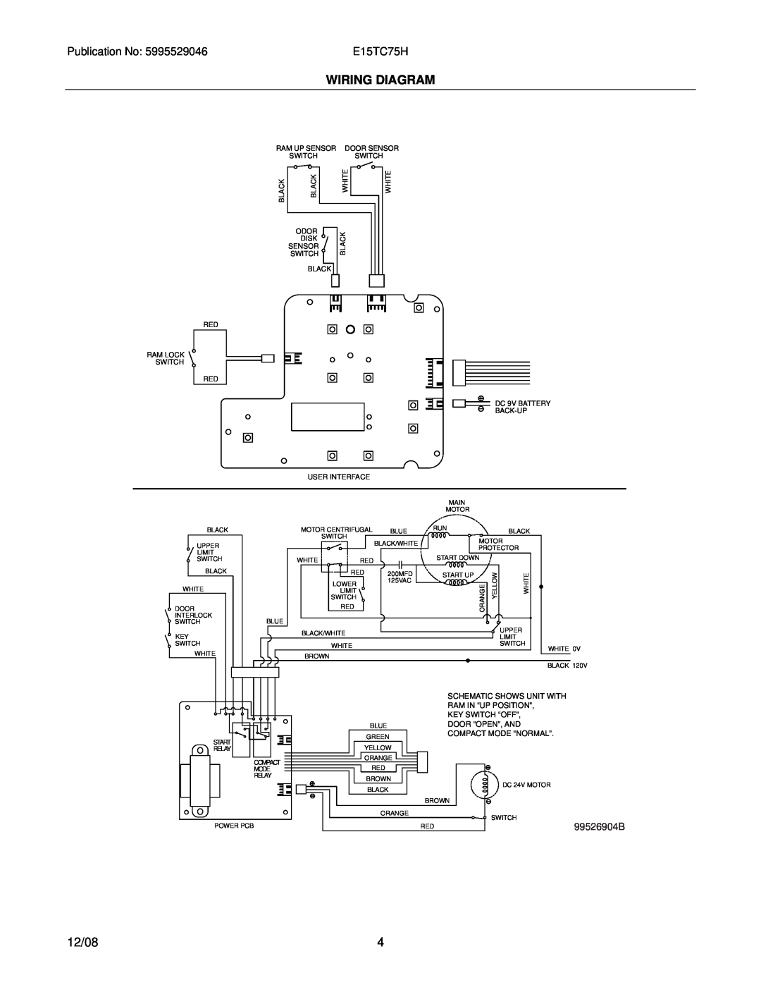 Electrolux E15TC75HP Wiring Diagram, 12/08, 99526904B, Schematic Shows Unit With, Ram In “Up Position”, Key Switch “Off” 