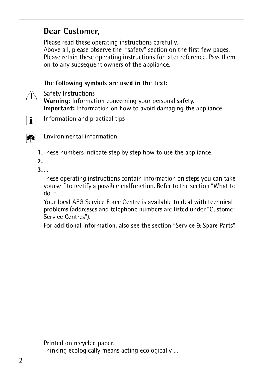 Electrolux E2190-1 manual Dear Customer, Please read these operating instructions carefully 