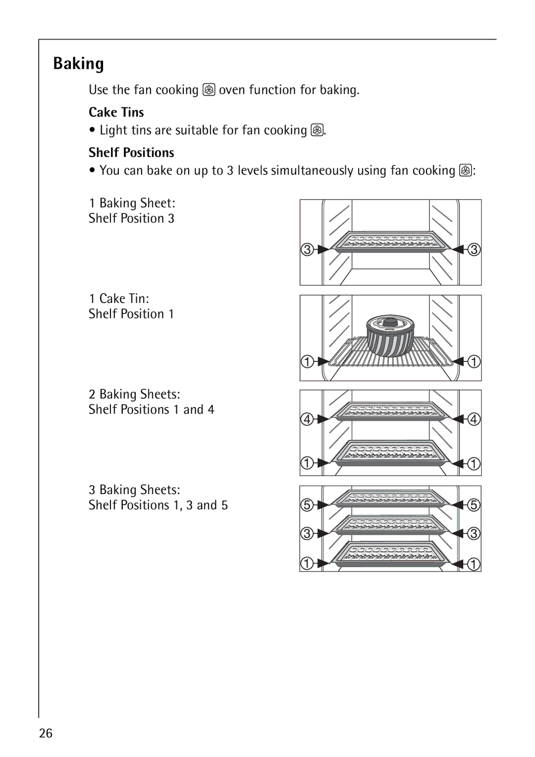 Electrolux E2190-1 manual Baking, Cake Tins, Shelf Positions 