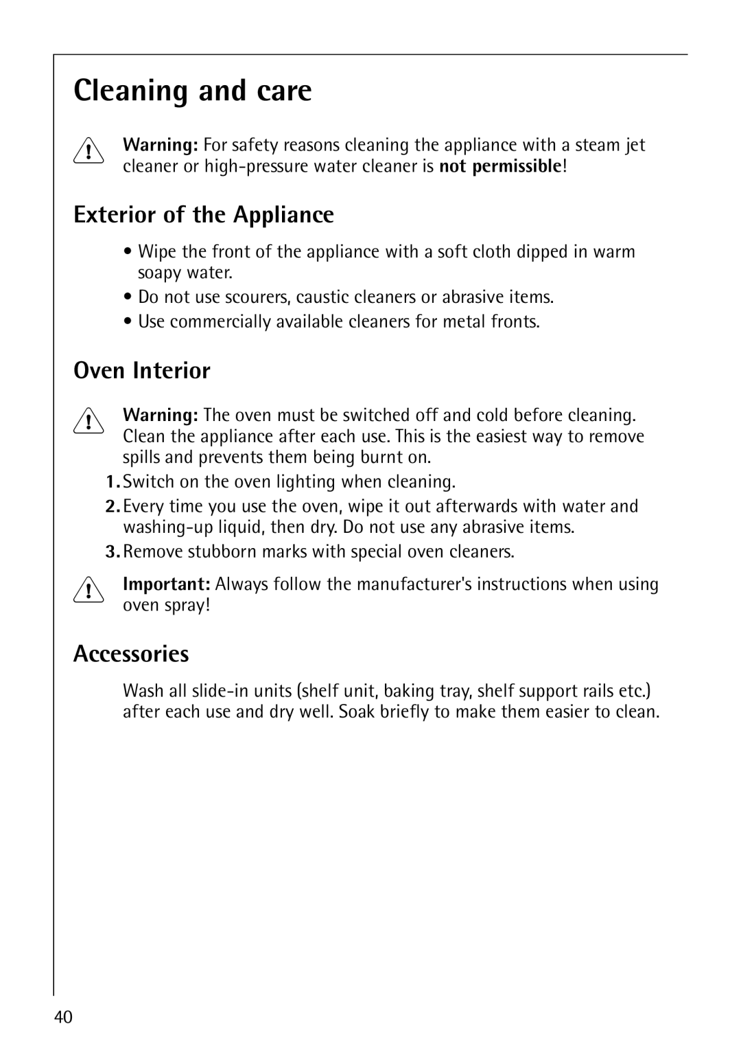 Electrolux E2190-1 manual Cleaning and care, Exterior of the Appliance, Oven Interior, Accessories 