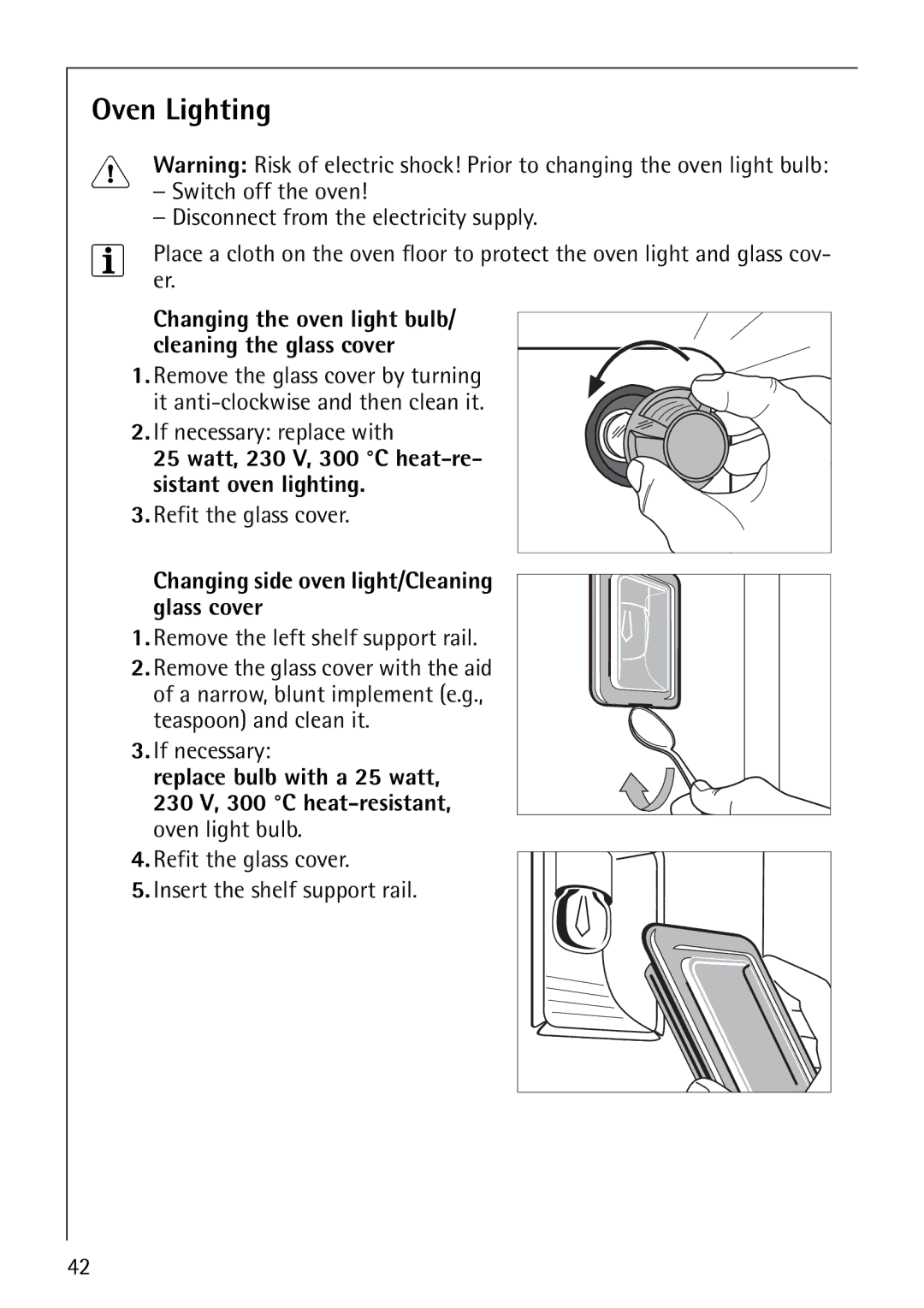 Electrolux E2190-1 manual Oven Lighting, Changing side oven light/Cleaning glass cover, Replace bulb with a 25 watt 