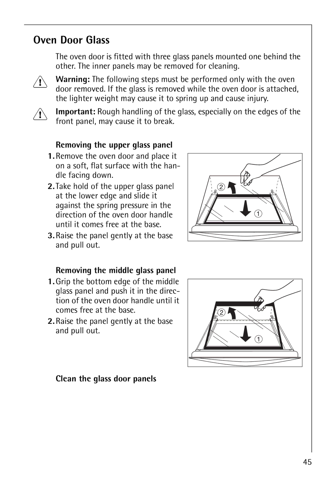 Electrolux E2190-1 manual Oven Door Glass, Removing the upper glass panel, Raise the panel gently at the base and pull out 