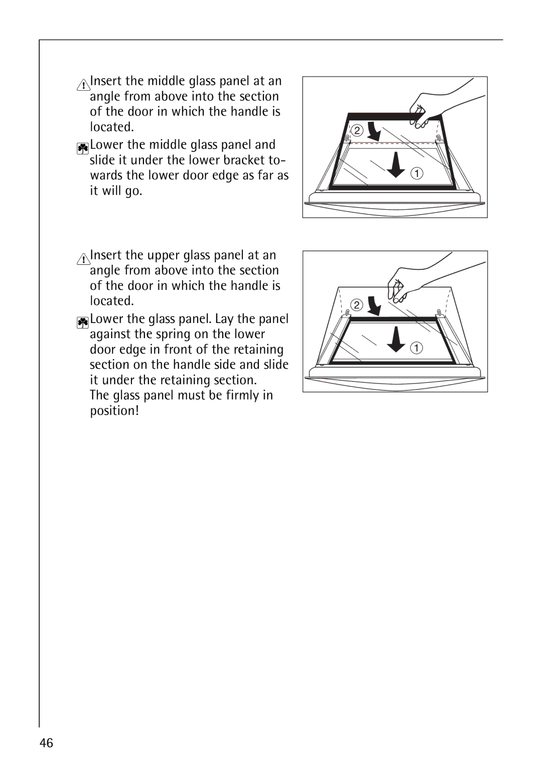 Electrolux E2190-1 manual Inserting the middle glass panel, Inserting the upper door glass, Re-hang the oven door 