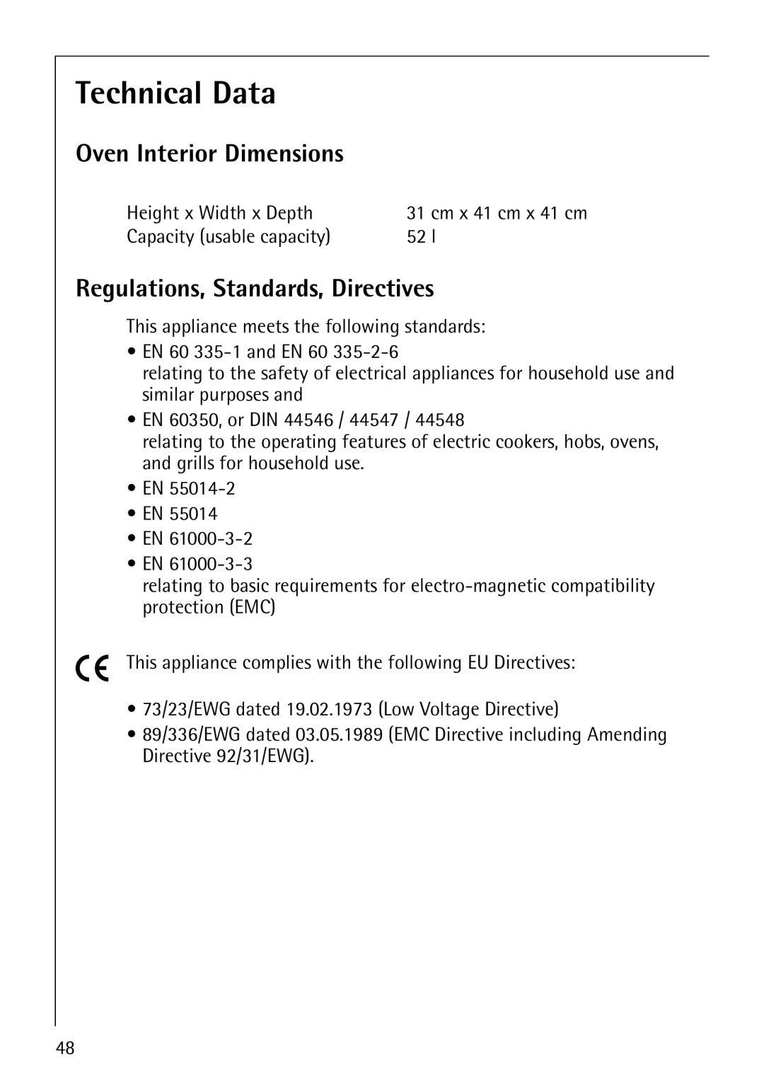 Electrolux E2190-1 Technical Data, Oven Interior Dimensions, Regulations, Standards, Directives, Height x Width x Depth 