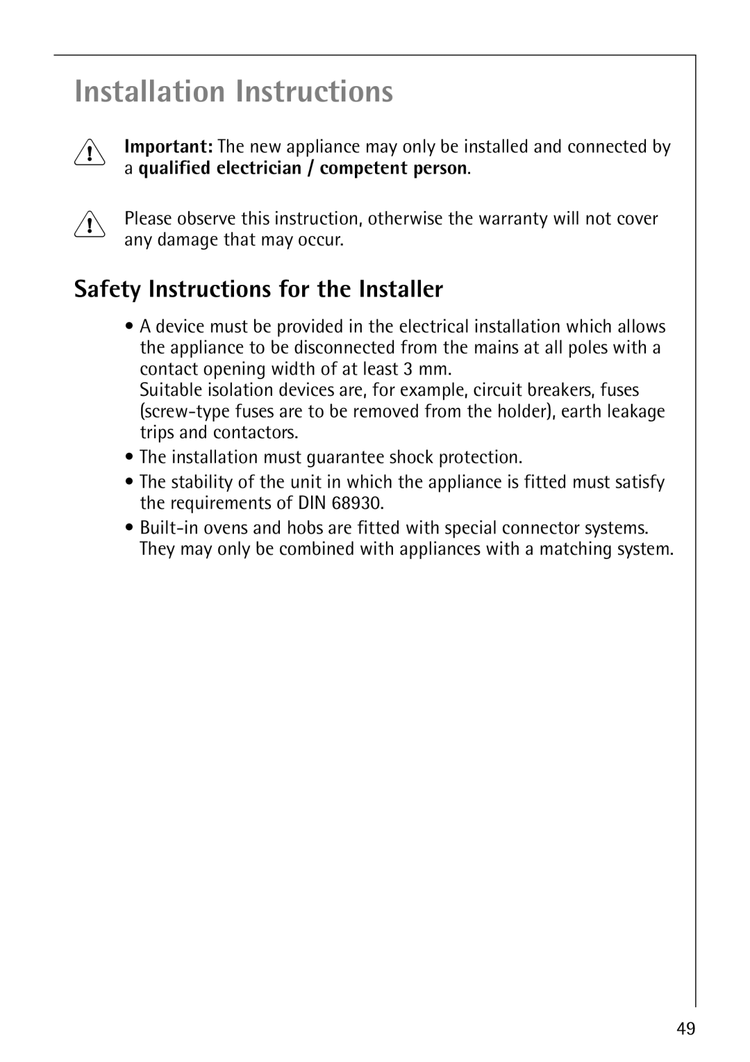 Electrolux E2190-1 manual Installation Instructions, Safety Instructions for the Installer 