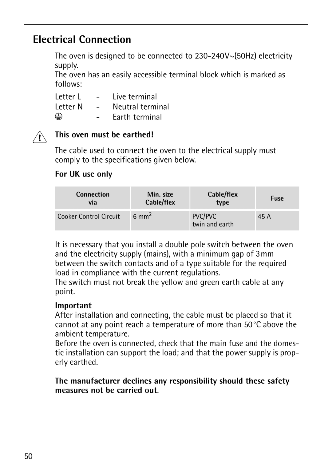 Electrolux E2190-1 manual Electrical Connection, Earth terminal, This oven must be earthed, For UK use only 