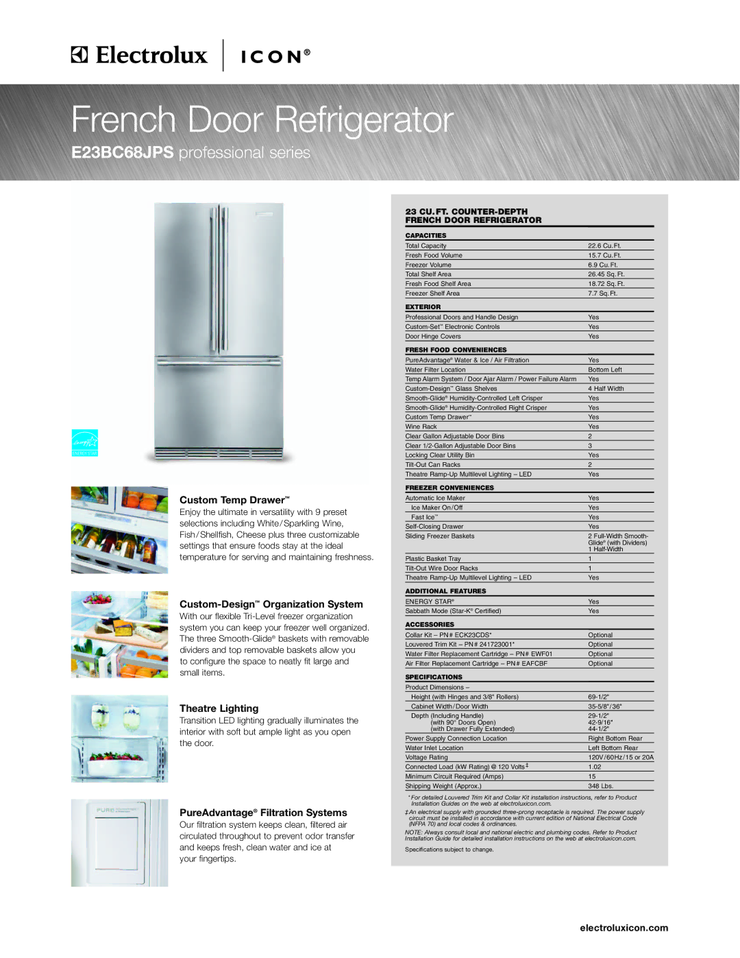 Electrolux E23BC68JPS specifications French Door Refrigerator 