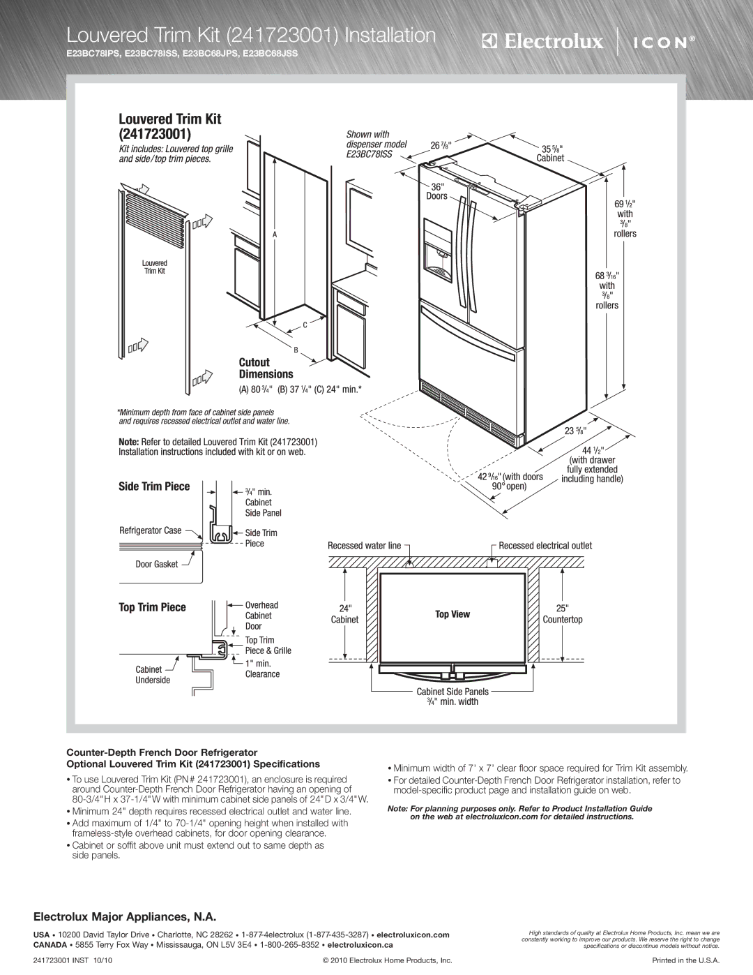 Electrolux E23BC68JPS specifications Louvered Trim Kit 241723001 Installation 