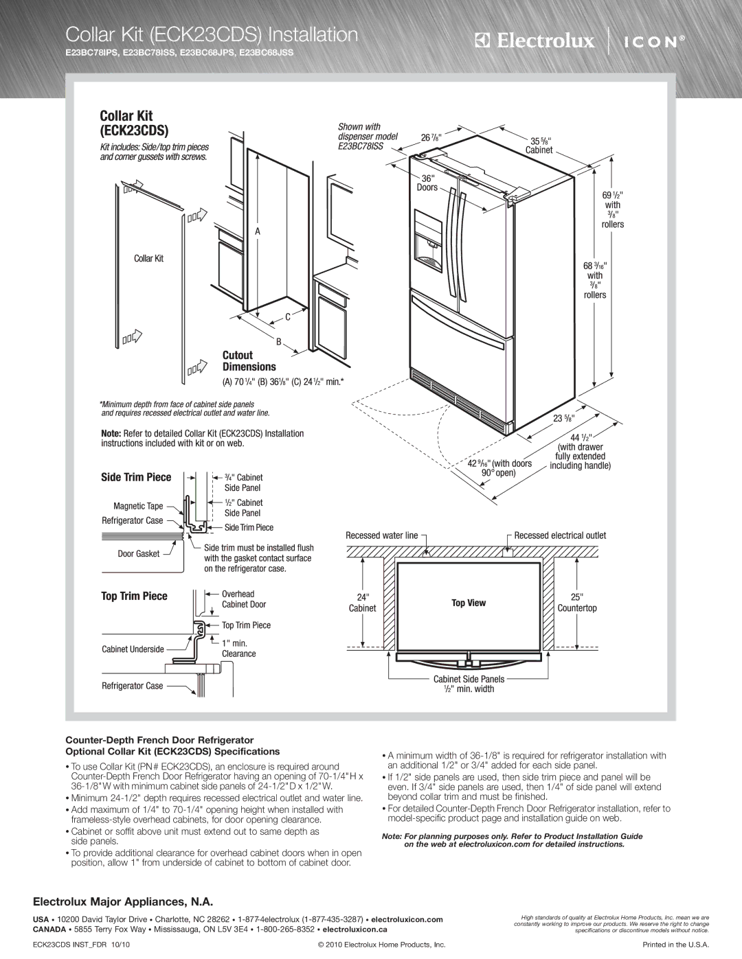 Electrolux E23BC68JPS specifications Collar Kit ECK23CDS Installation 