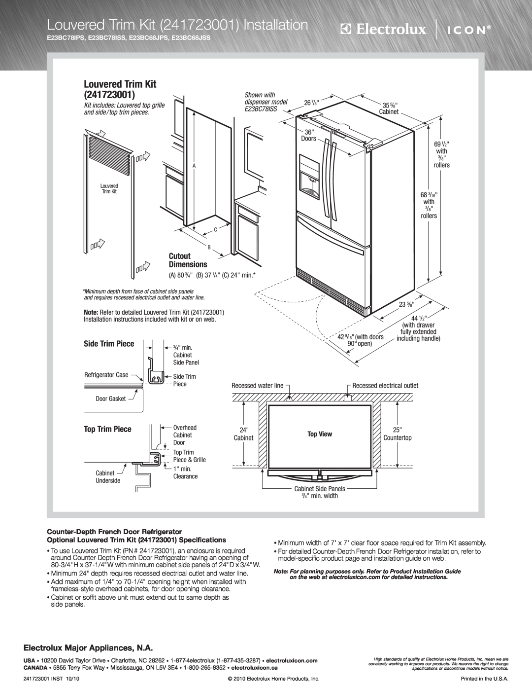 Electrolux E23BC68JPS specifications Louvered Trim Kit 241723001 Installation, Counter-Depth French Door Refrigerator 