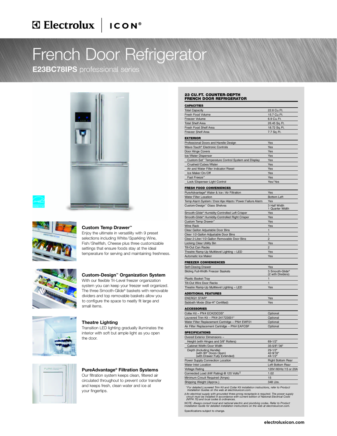 Electrolux E23BC78IPS specifications French Door Refrigerator 